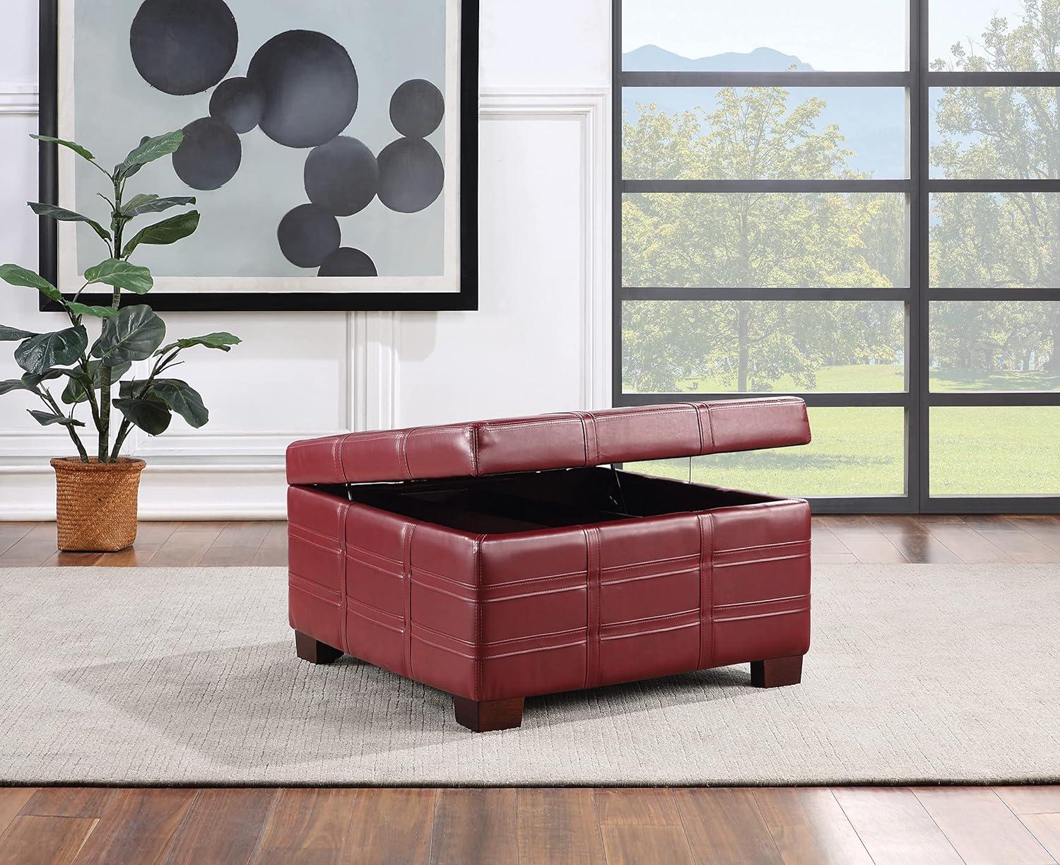Detour Strap Square Storage Ottoman in Crimson Red Faux Leather