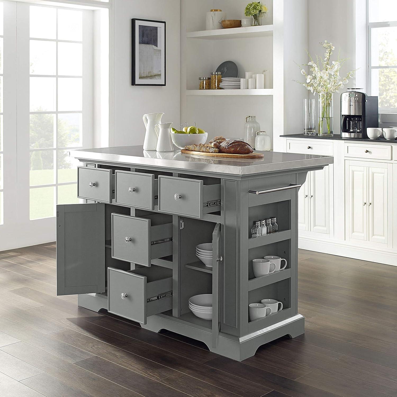 Julia Gray Stainless Steel Top Kitchen Island with Storage