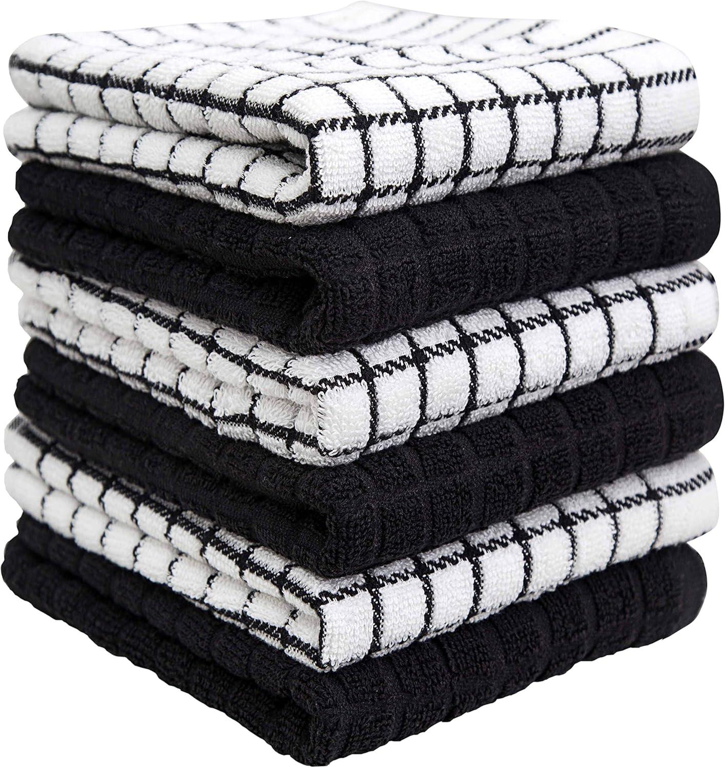 Premium Kitchen Towels (16”x 28”, 6 Pack) – Large Cotton Kitchen Hand Towels – Chef Weave Design – 380 GSM Highly Absorbent Tea Towels Set With Hanging Loop – Black