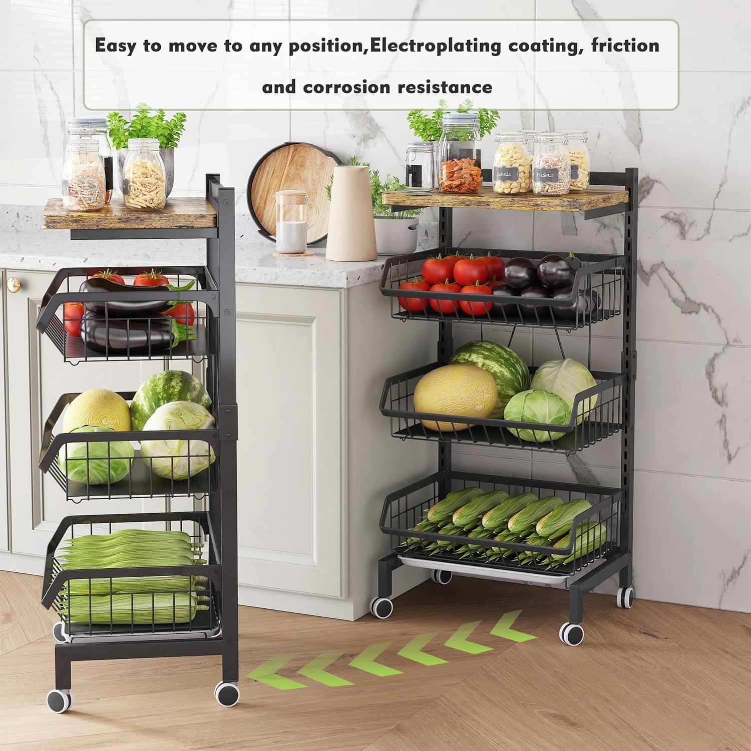 Fruit Basket 4-Tier Adjustable Fruit Vegetable Basket Cart Metal Wire Storage Cart Rolling Pantry Utility Kitchen Cart