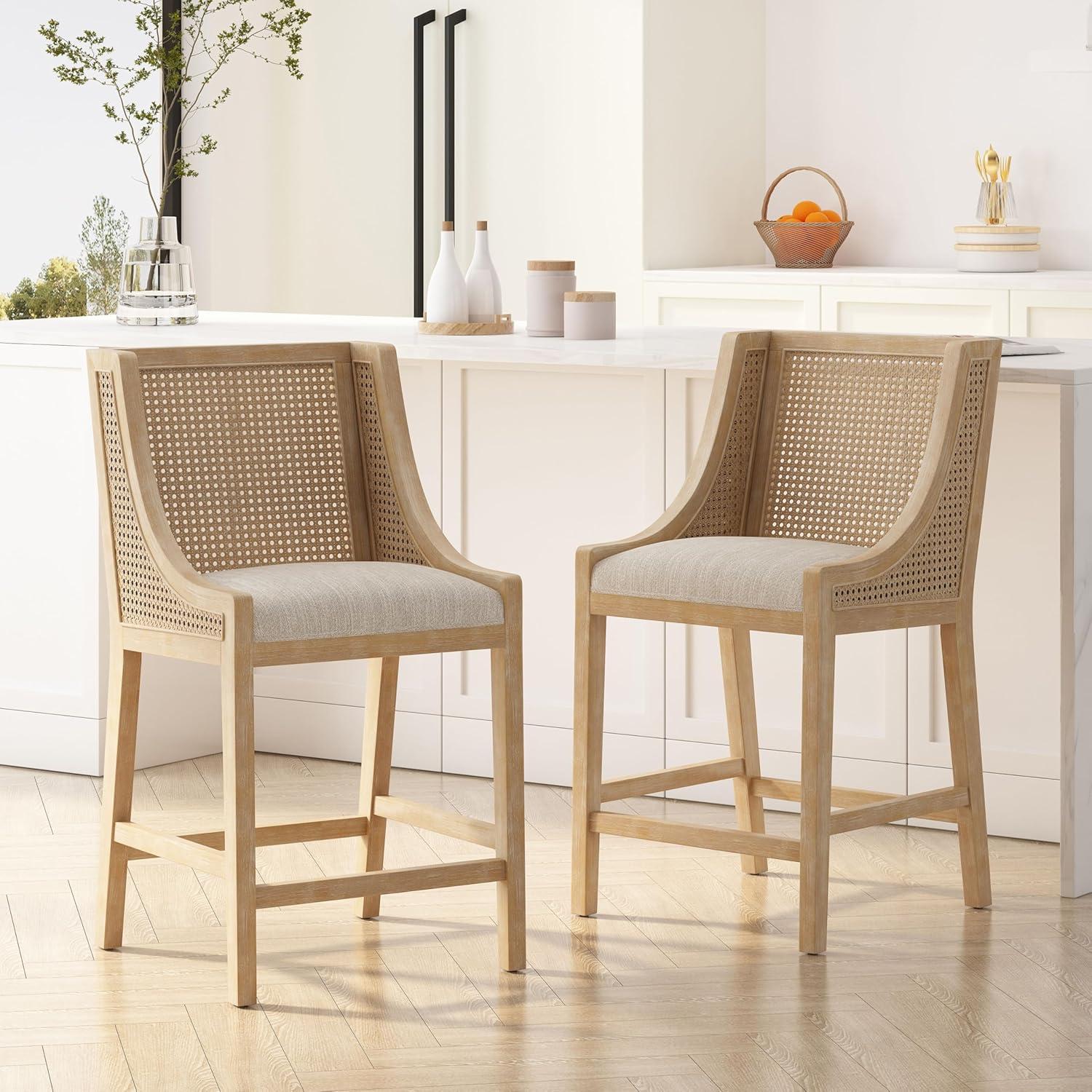 Beige Upholstered Wood and Cane Counter Stools, Set of 2