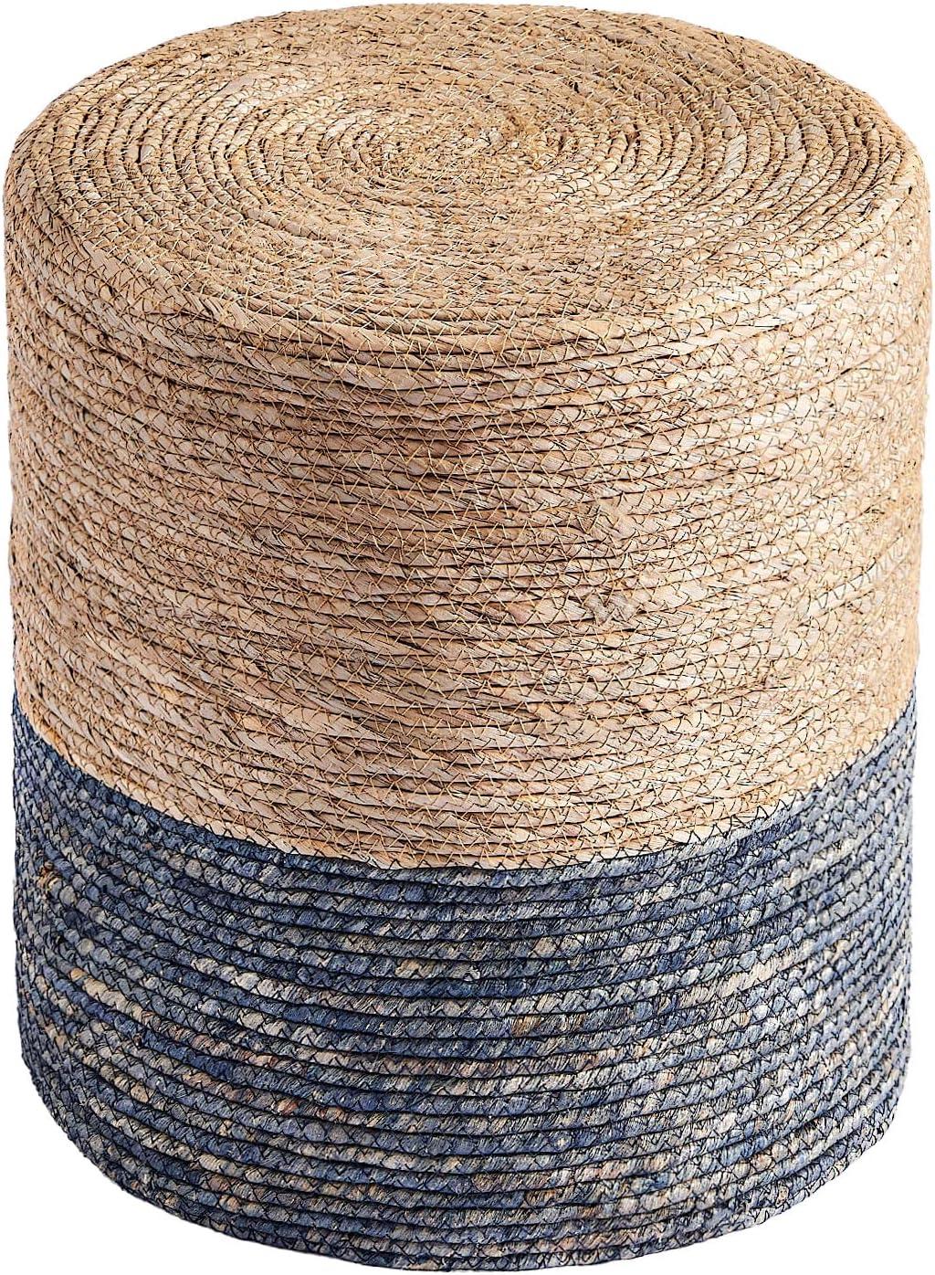 Natural and Blue Round Seagrass Pouf Ottoman