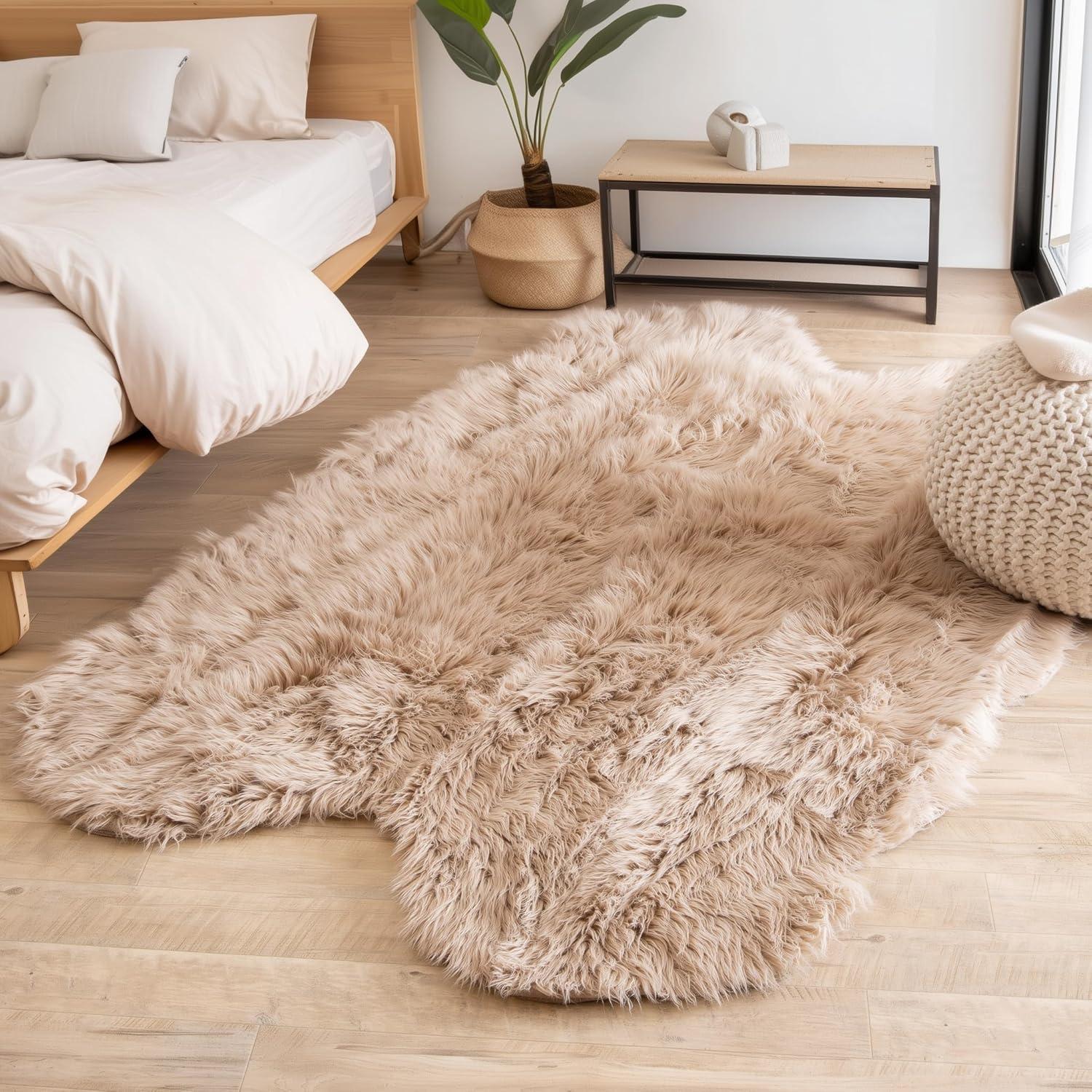 Ultra Soft Faux Sheepskin Fur Shag Rug Light Brown 4' x 6' Sheepskin