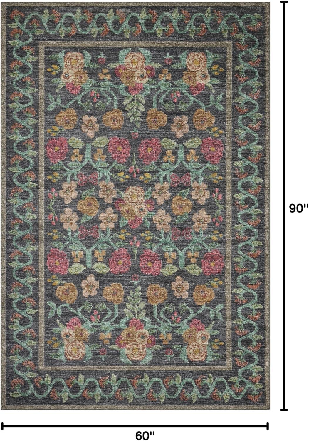 Black Floral Synthetic 5' x 7' Area Rug