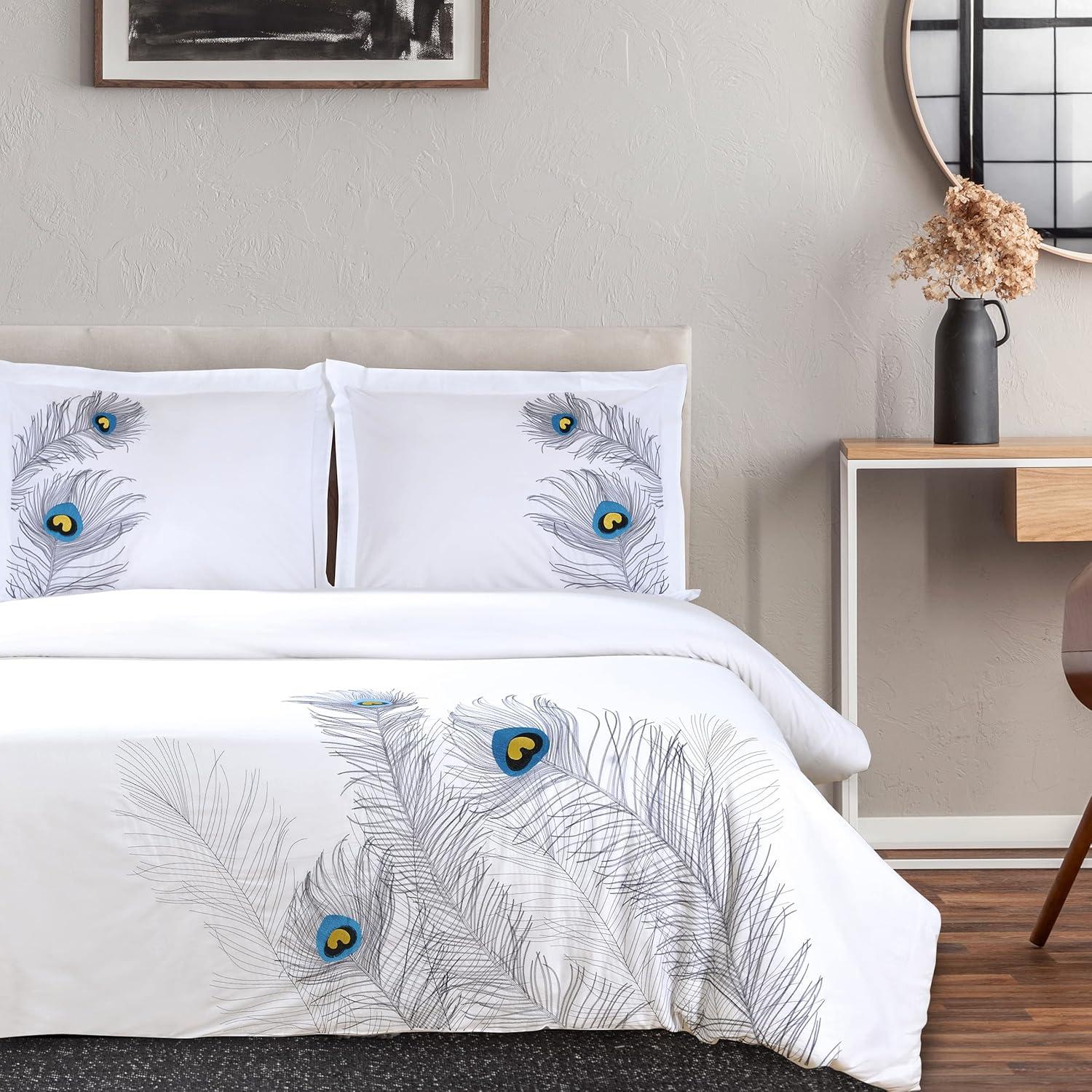 Silver Embroidered Peacock Cotton King/California King Duvet Cover Set