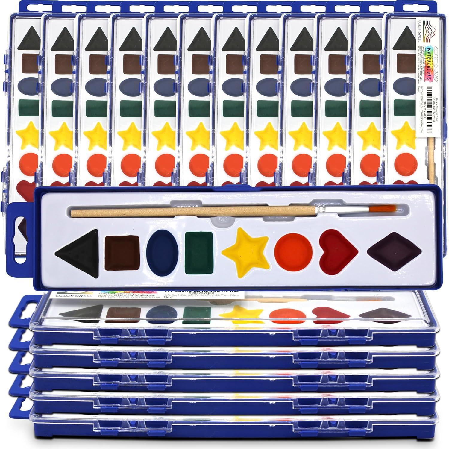 Color Swell Bulk Watercolor Paints with Shapes 18 pack for Learning Shapes with Strong Wood Brush 8 Colors Washable Water Colors