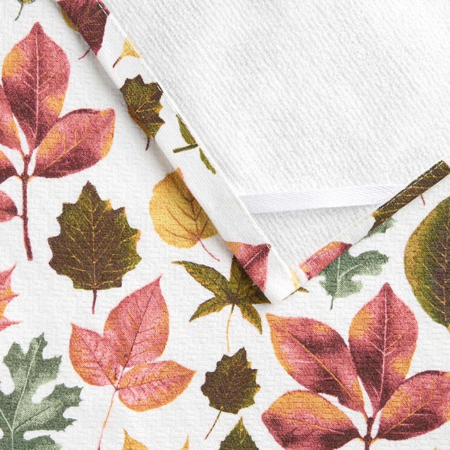 MARTHA STEWART Autumn Harvest Falling Leaves Kitchen Towel 3-Pack Set, 100% Cotton with Absorbent Terrycloth, Decorative Kitchen Towels, Tan/Red/Green, 16"x28"