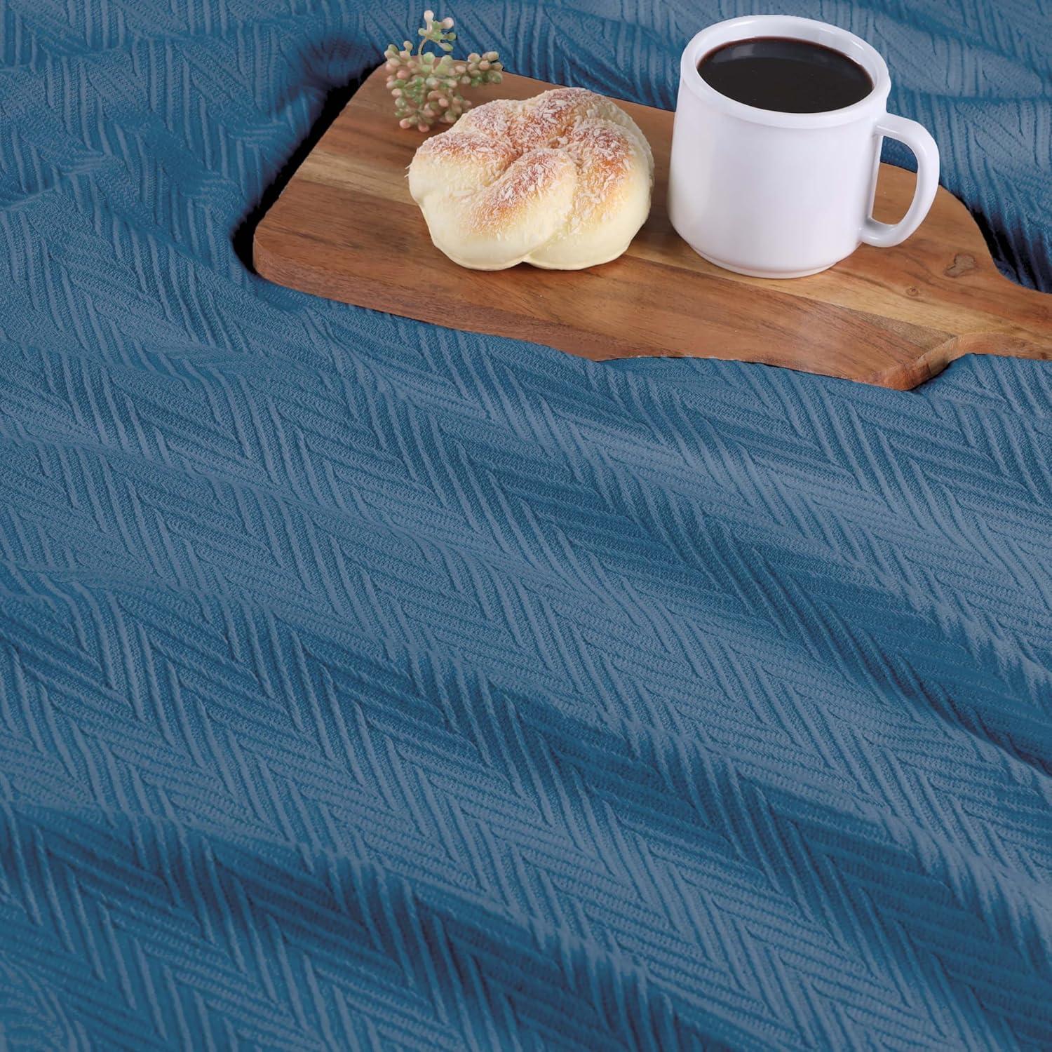 Denim Blue Cotton Chevron Knitted Throw Blanket, 60 x 50 Inches