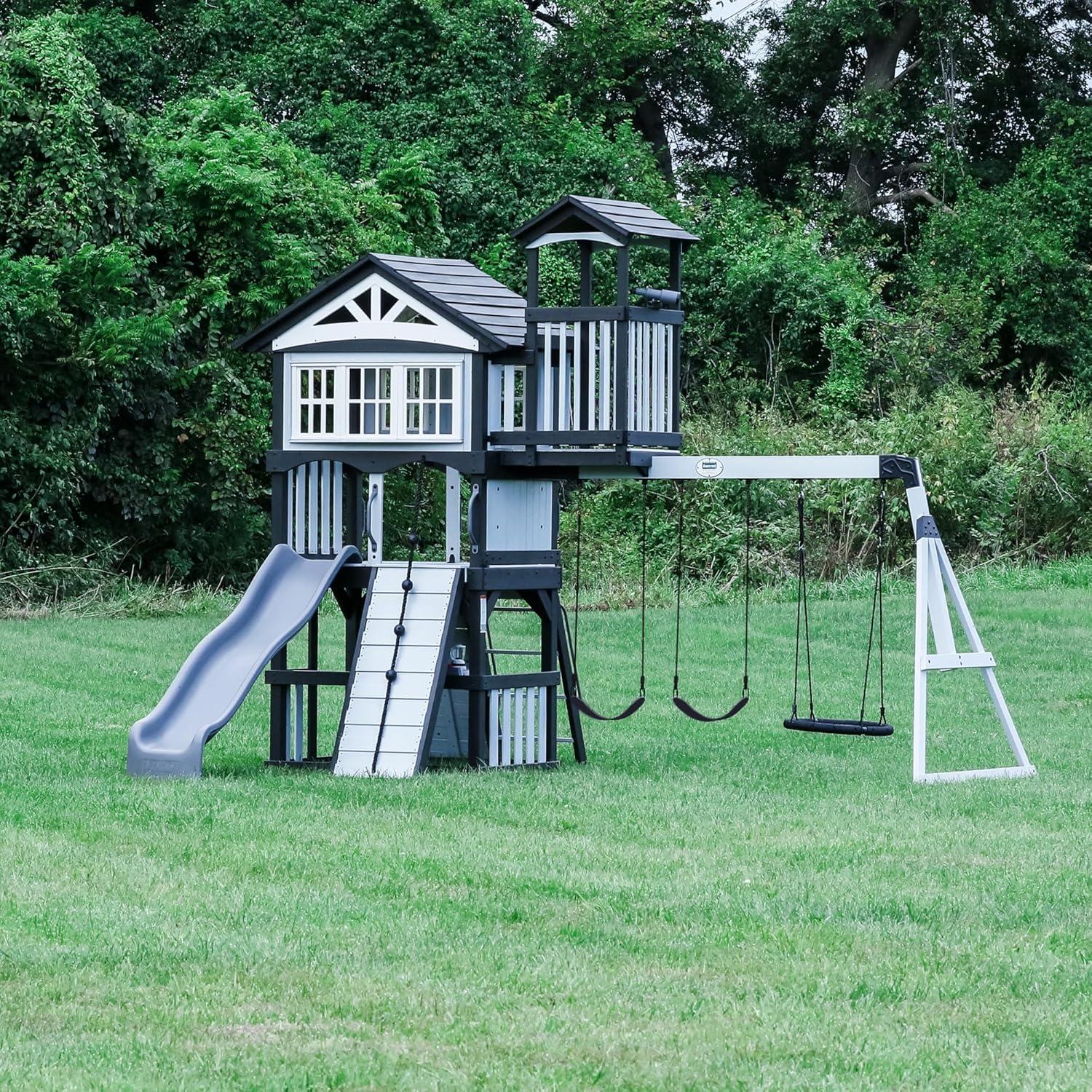 Whispering Point White and Gray Cedar Wooden Swing Set with Wave Slide