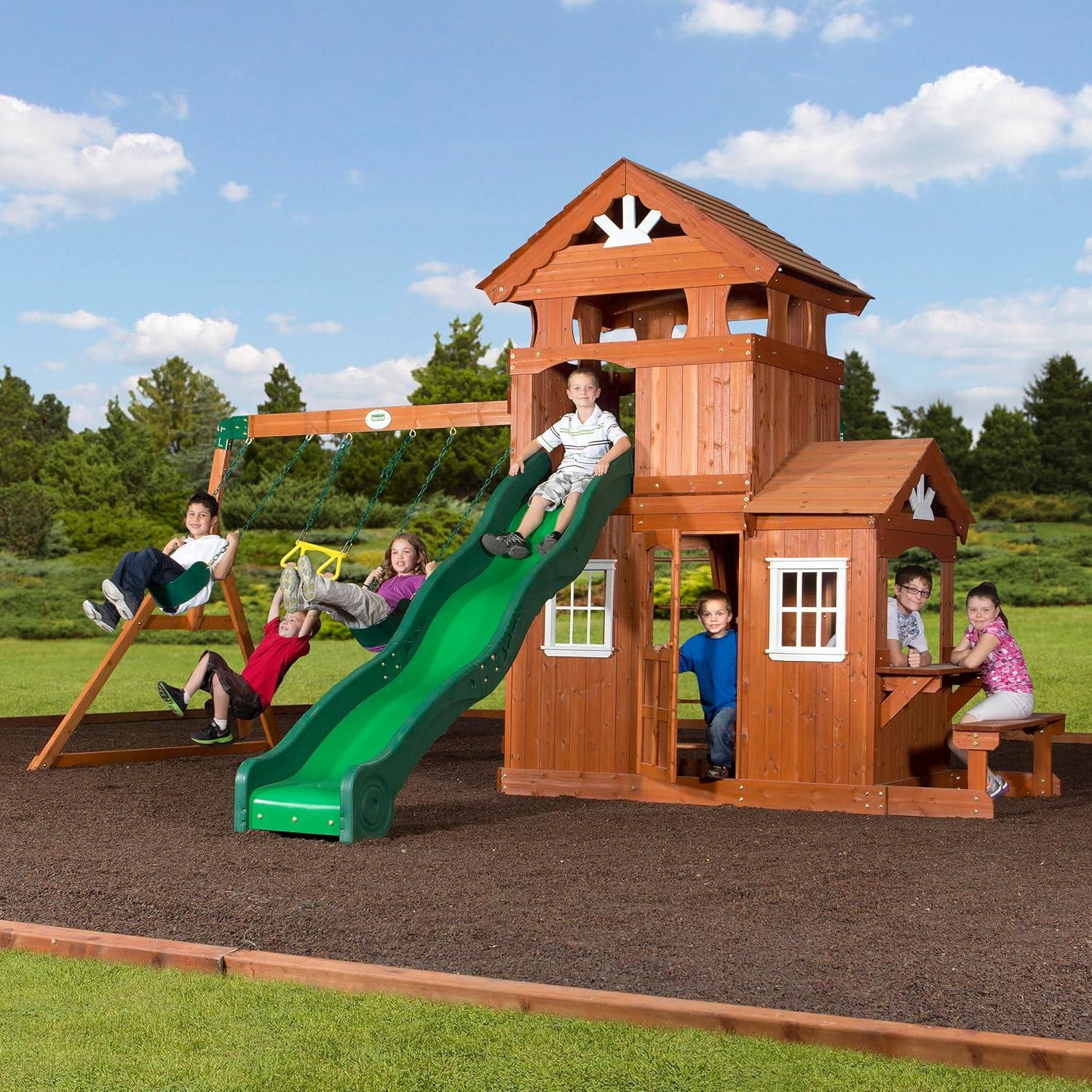 Backyard Discovery Backyard Discovery Shenandoah Cedar Wood Swing Set with Wave Slide, Clubhouse, Playhouse, and Play Kitchen