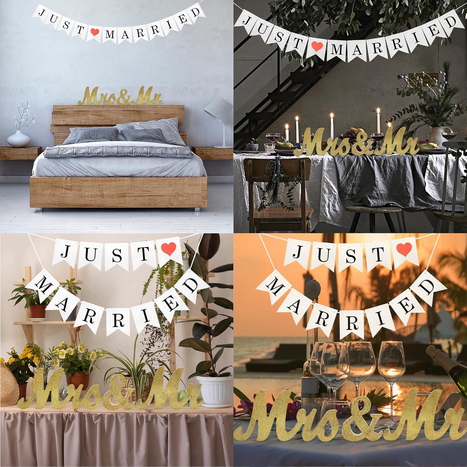 Mr and Mrs Signs Wedding Table Decorations, Wooden Freestanding Letters for Photo Props, Rustic Decoration, Anniversary Shower Gift (Golden)