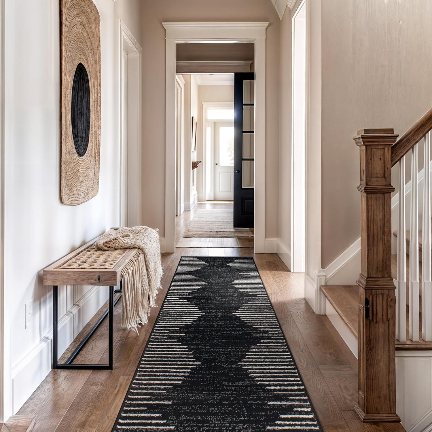 World Rug Gallery Area Rug Bohemian Stripe Jute Rug Carpets for Living Room Rugs for Sale - BLACK 2'7"x10'