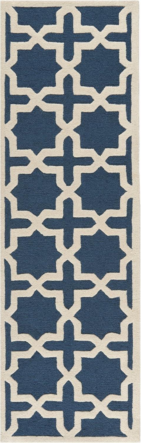 Navy Blue and Ivory Hand-Tufted Wool Runner Rug