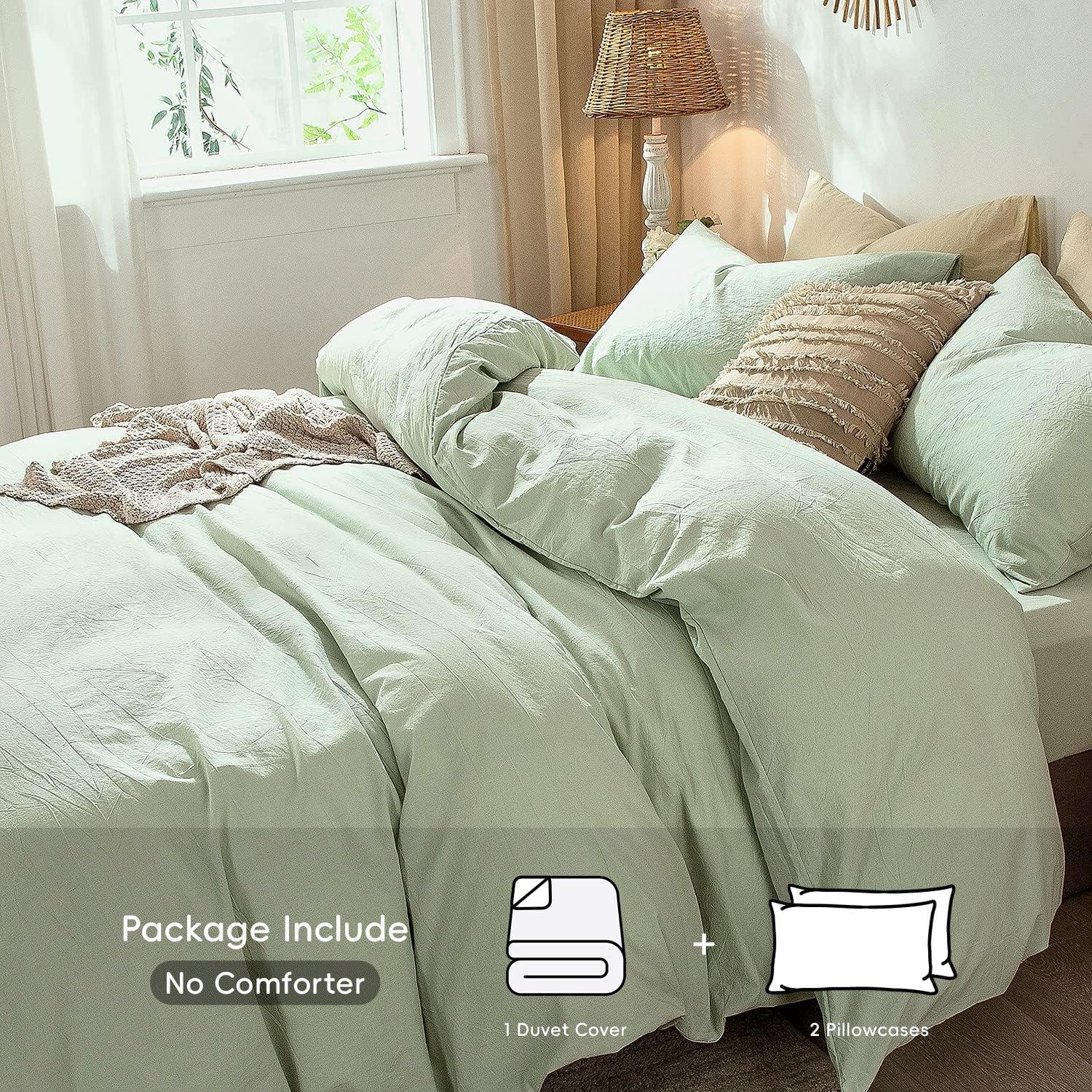MOOMEE 100% Washed Cotton Linen Like Textured Duvet Cover Set