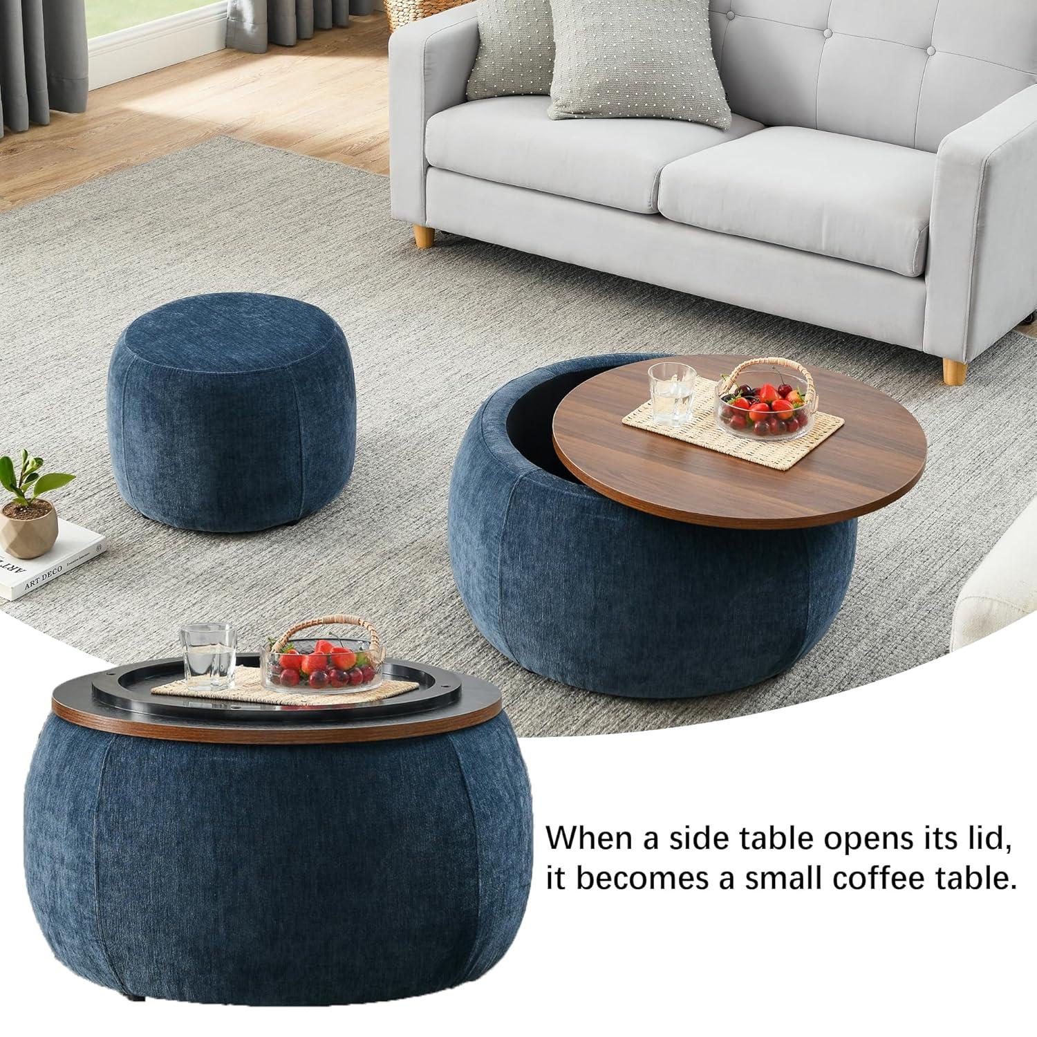 2-Piece Set Round Chenille Storage Ottoman, Equipped with a Drum Shaped Small Stool, Storage Space, and MDF Made Desktop Panel (Dark Blue, 25"x25"x14.7")