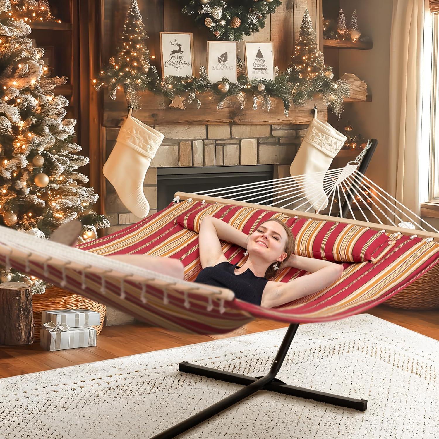 Red Striped Two-Person Quilted Fabric Hammock with Steel Stand