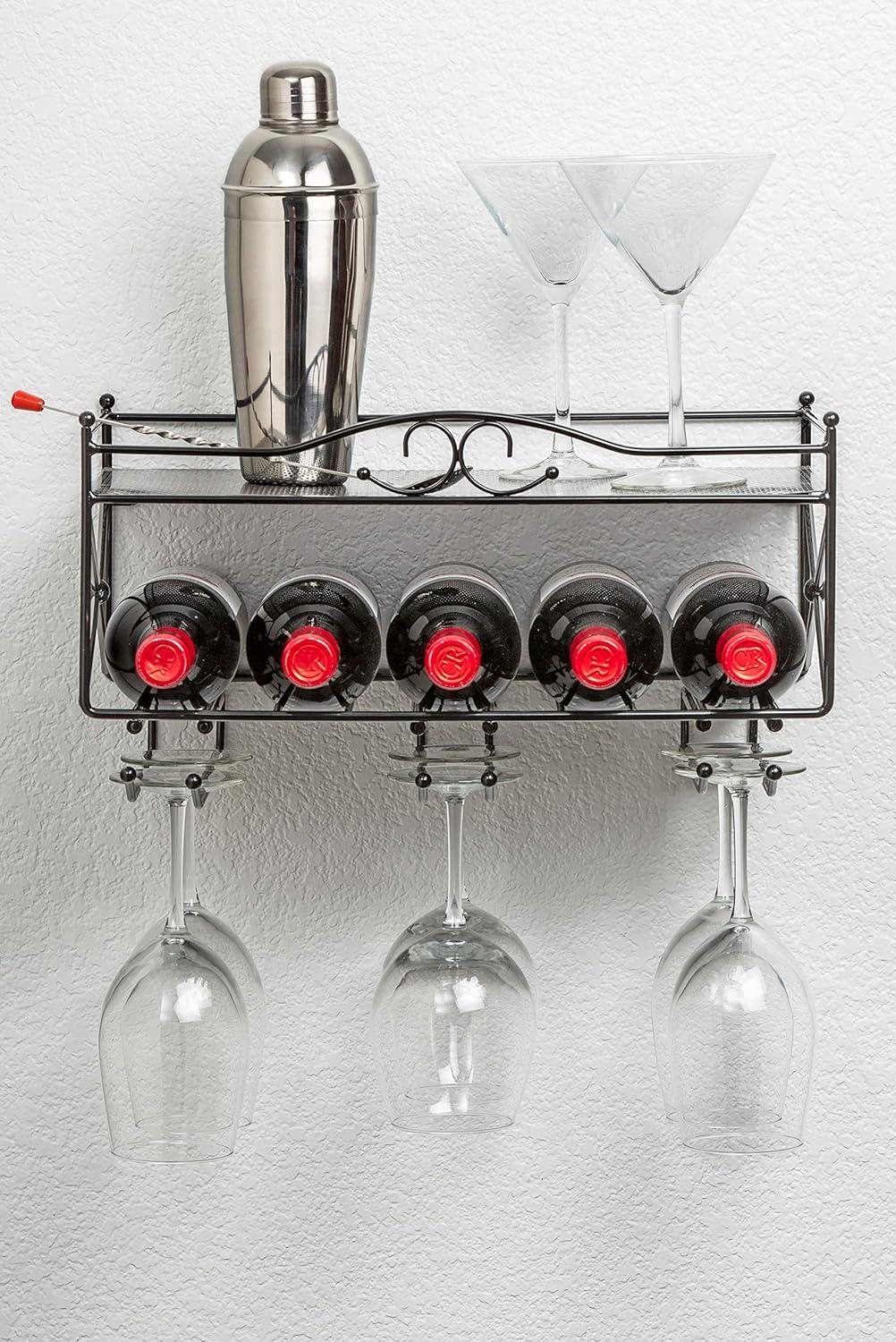 Mango Steam Wall Mounted 2 Tier Wine Rack with Stemware Holder & Shelf - for Kitchen, Bar, & More