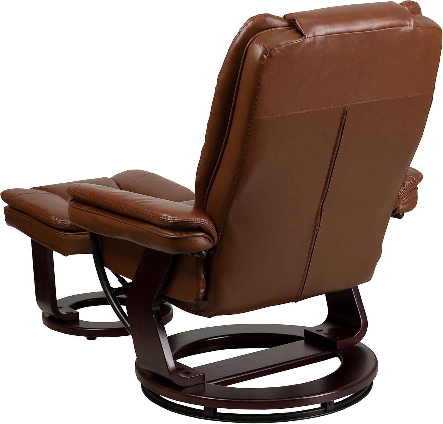 Brown Leather Swivel Recliner with Mahogany Wood Base