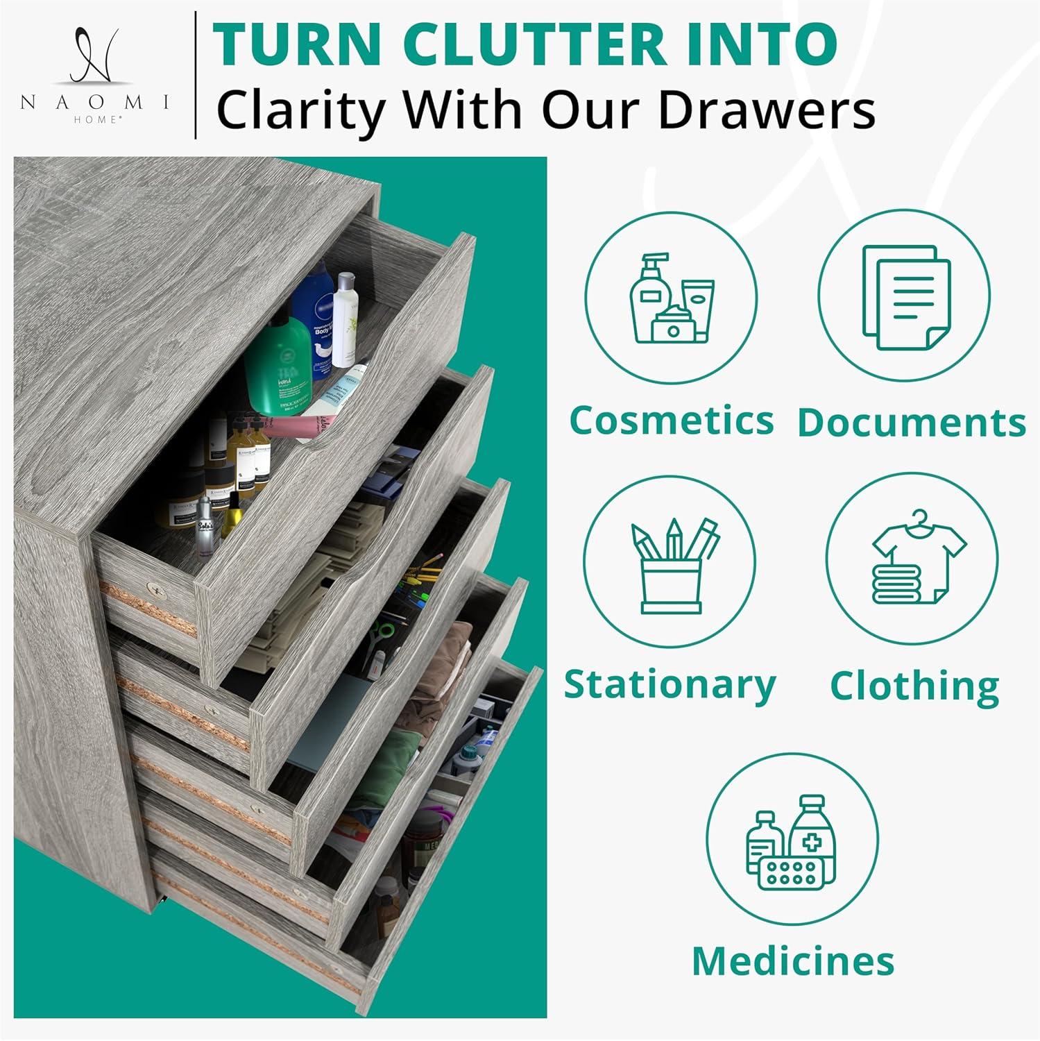 Grey Oak 5-Drawer Office Storage Cabinet with Casters