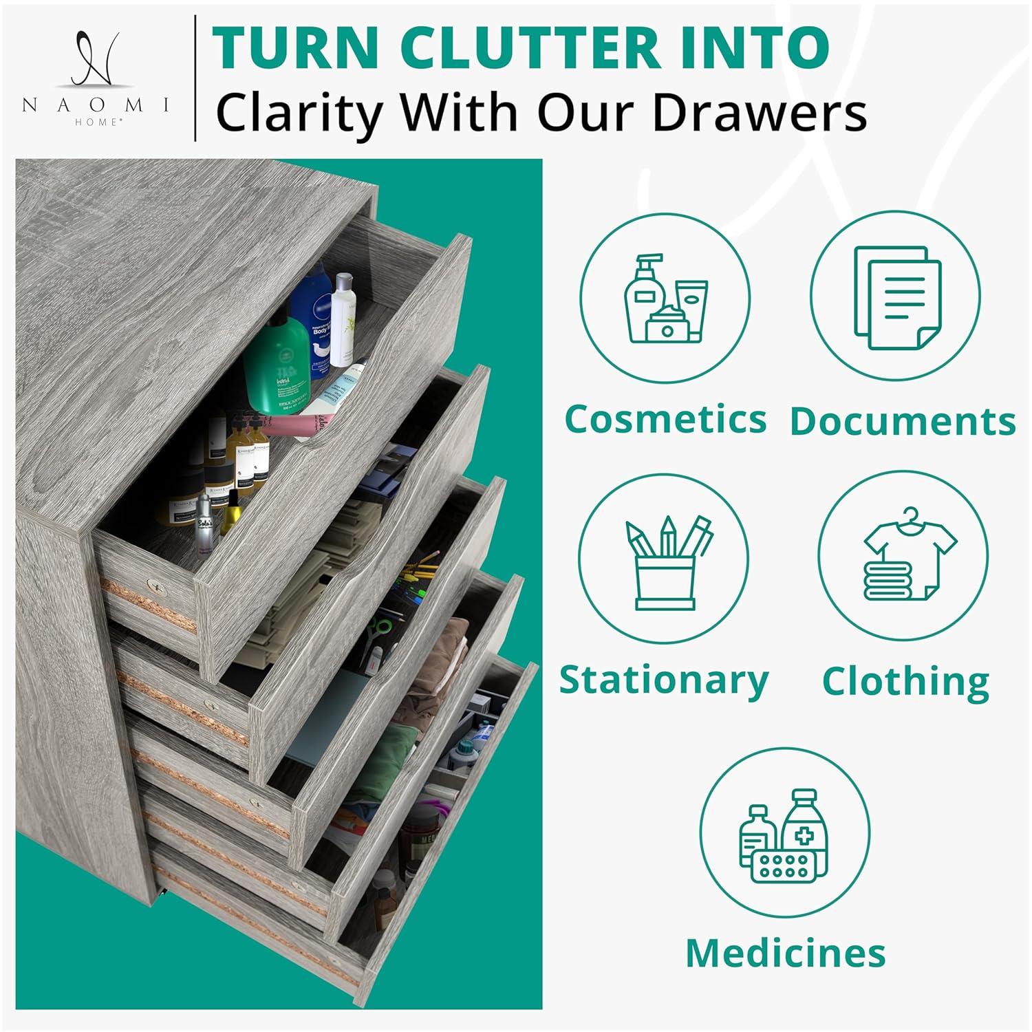 Grey Oak 5-Drawer Office Storage Cabinet with Casters