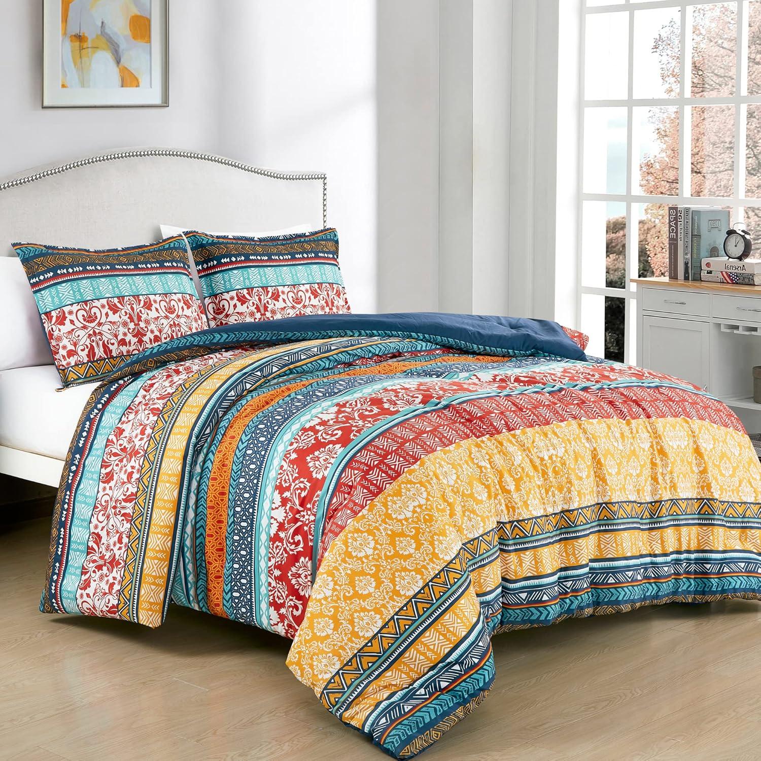 Chezmoi Collection Amara 3-Piece Boho Stripe King Comforter Set, Floral Colorful Bohemian Printed Microfiber Lightweight Bedding Set