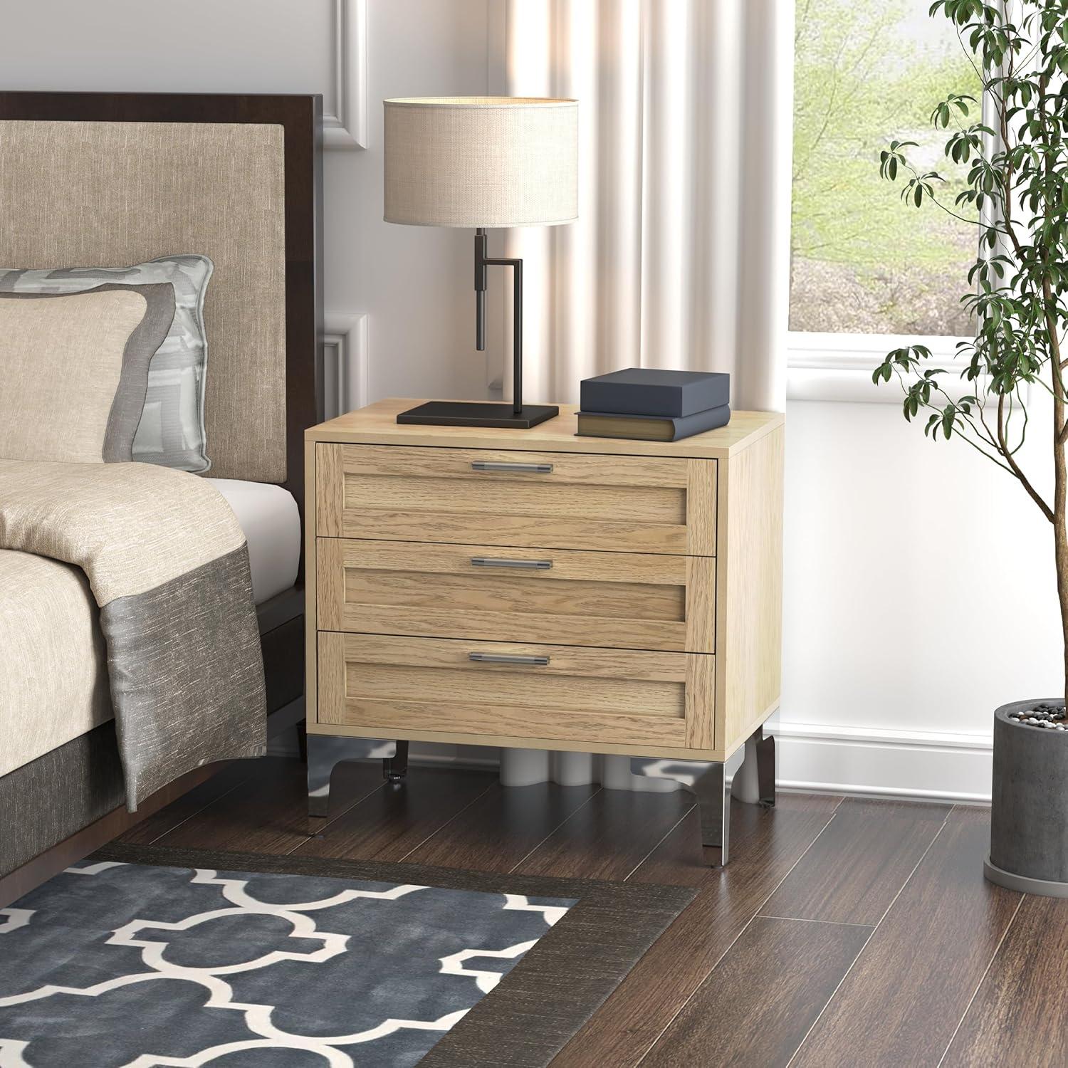 WiberWi Night Stand 3 Drawer Nightstand Dressers for Bedroom Mid-Century Modern Couch Side End Table for Living Room Wood Bedside Table with Drawers&Polished Silver Legs,Light Walnut