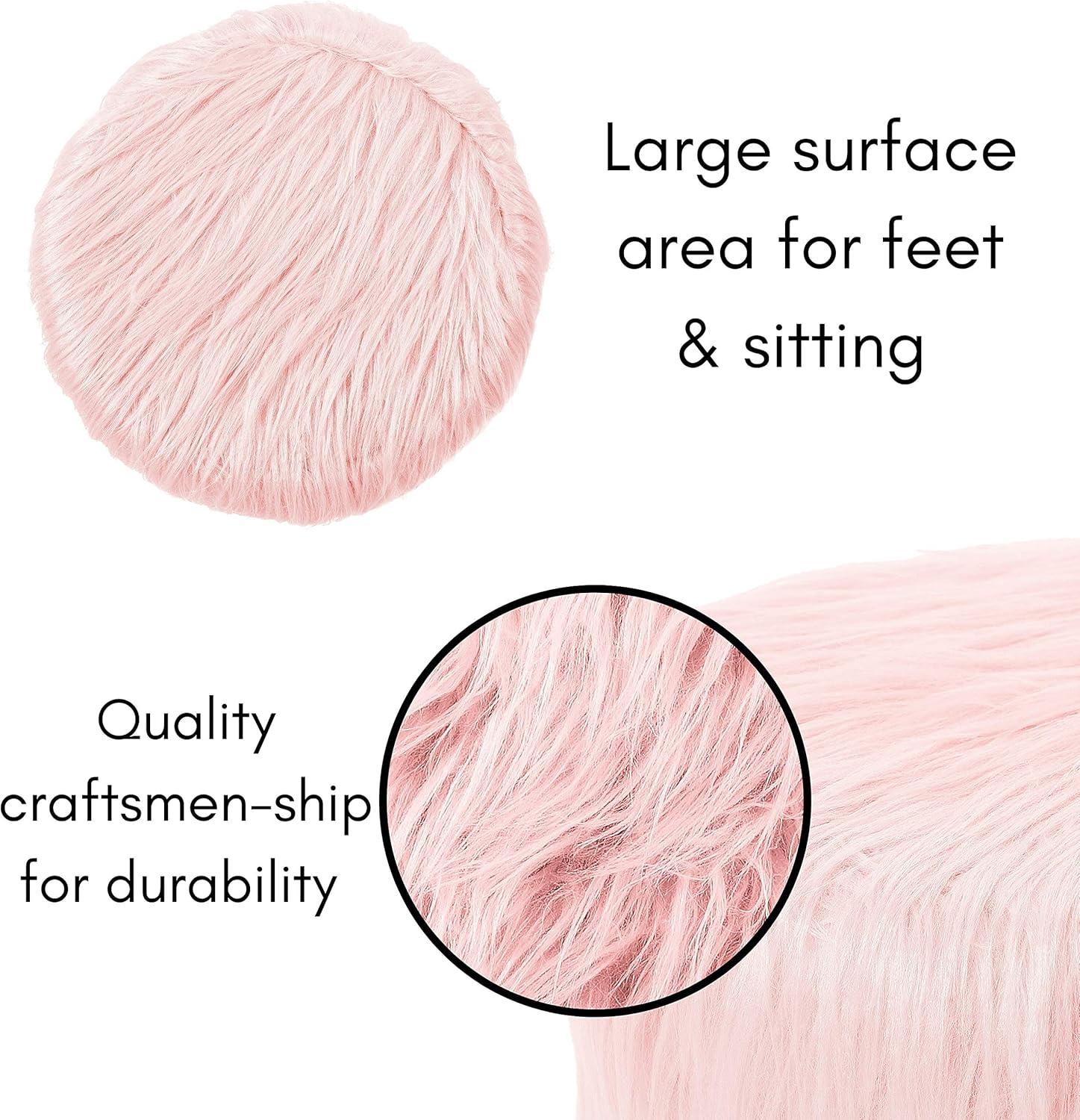 BirdRock Home Faux Fur Foot Stool Ottoman with Wood Legs - Pink