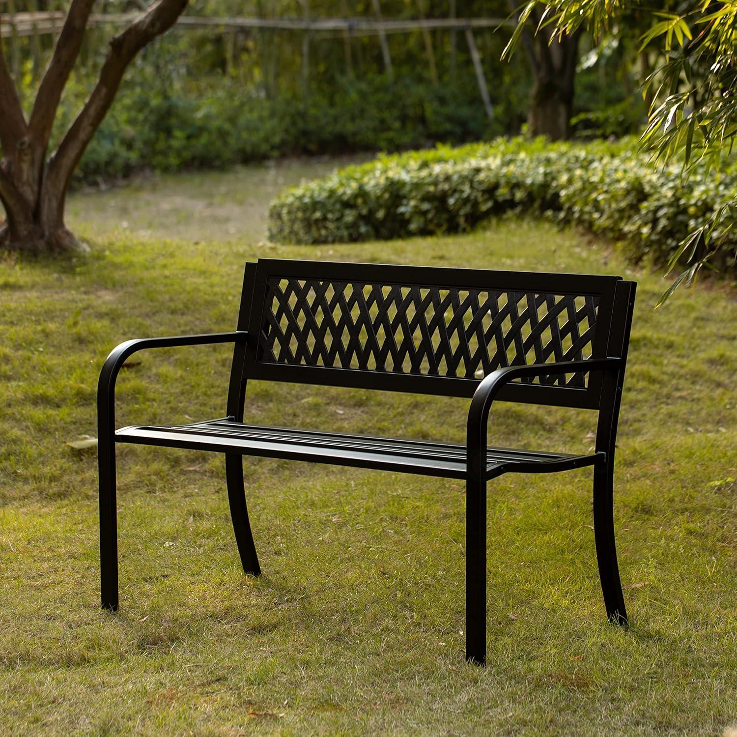 Gardenised Outdoor Steel 47 Park Bench for Yard, Patio, Garden and Deck, Black Weather Resistant Porch Bench, Park Seating