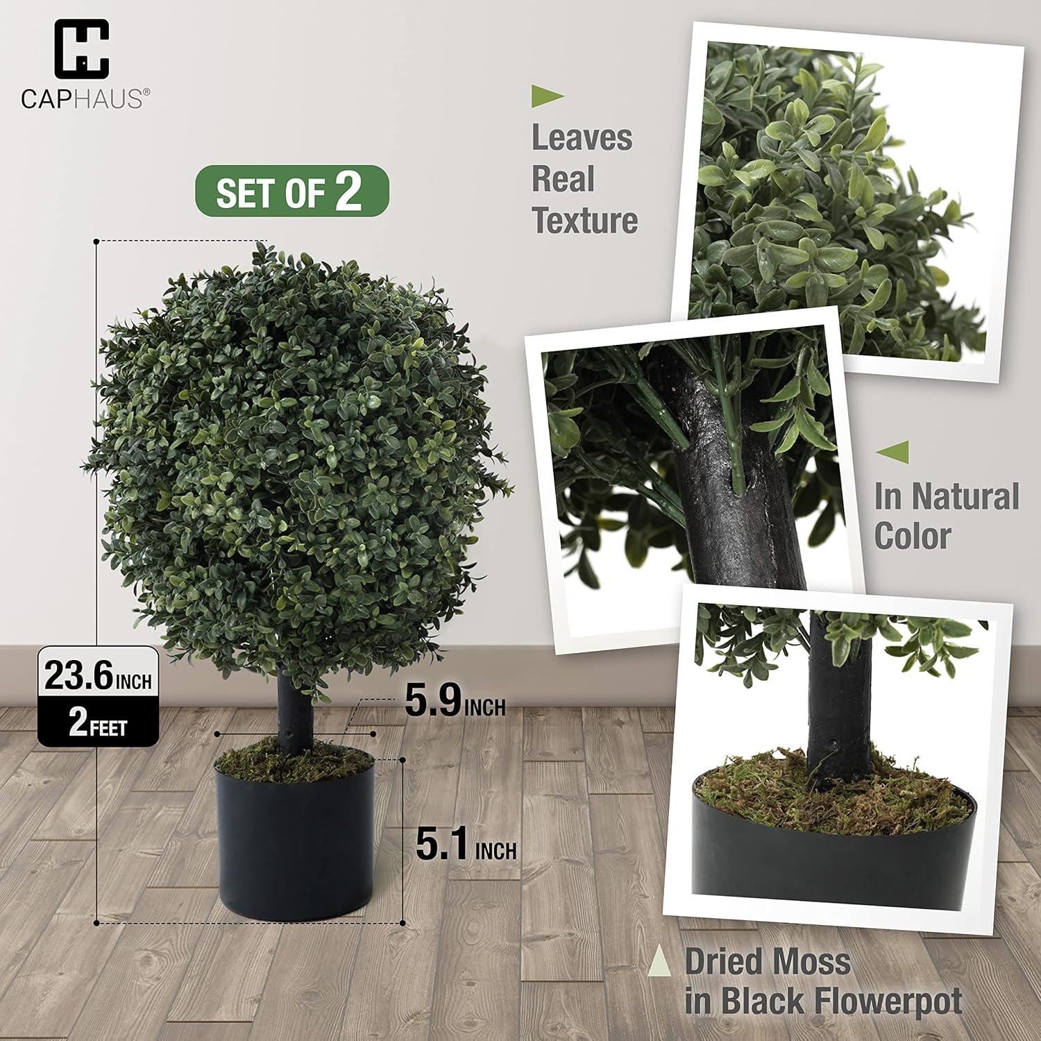 JepoIA Artificial Boxwood Topiary Tree Set of 2, Artificial UV Resistant Bushes, Faux Potted Tree, Plant in Pot w/Dried Moss, Fake Shrubs for Indoor, Front Porch, Outdoor, w/Orange Flower