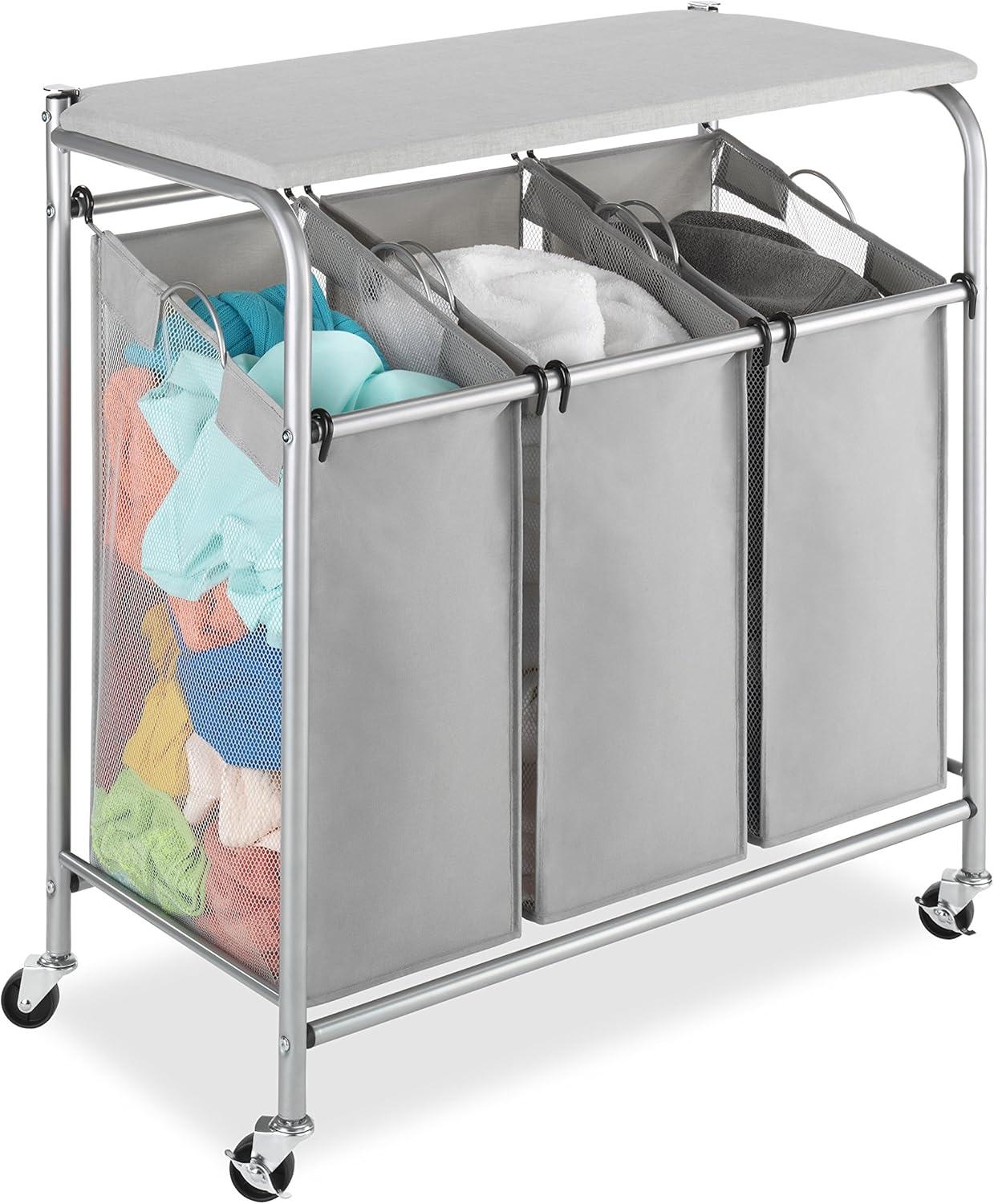 Chrome and Gray 3-Section Rolling Laundry Sorter with Folding Station