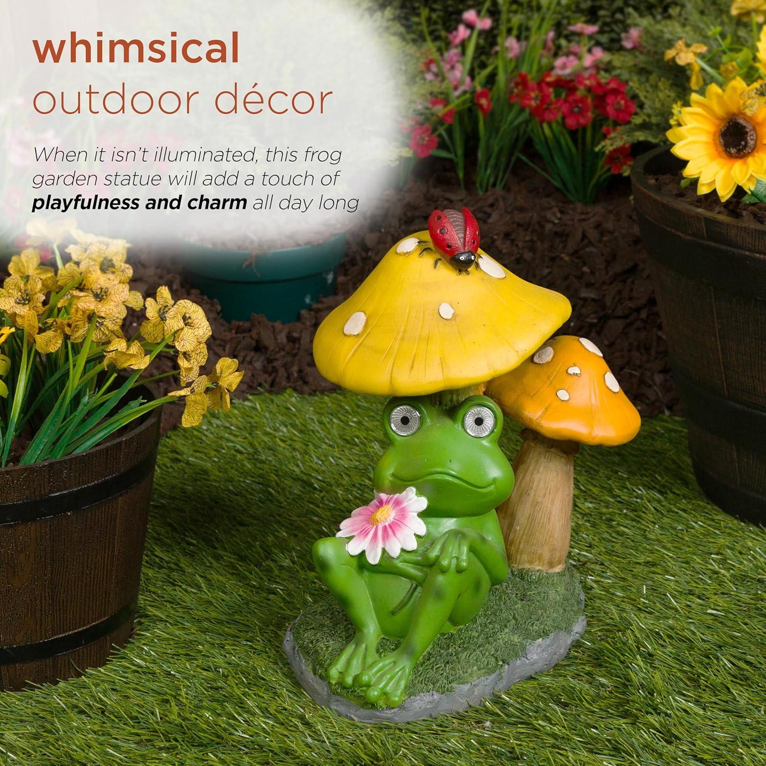 Alpine Corporation Frog Mushroom Statue With Solar: Whimsical Garden Decor, Polyresin, Ambient Glow