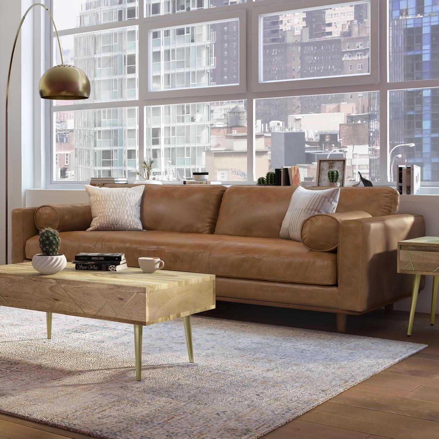 Simpli Home Morrison Genuine Leather Sofa, Mid-Century Modern Couch for Living Room, Handcrafted with Removable Cushions