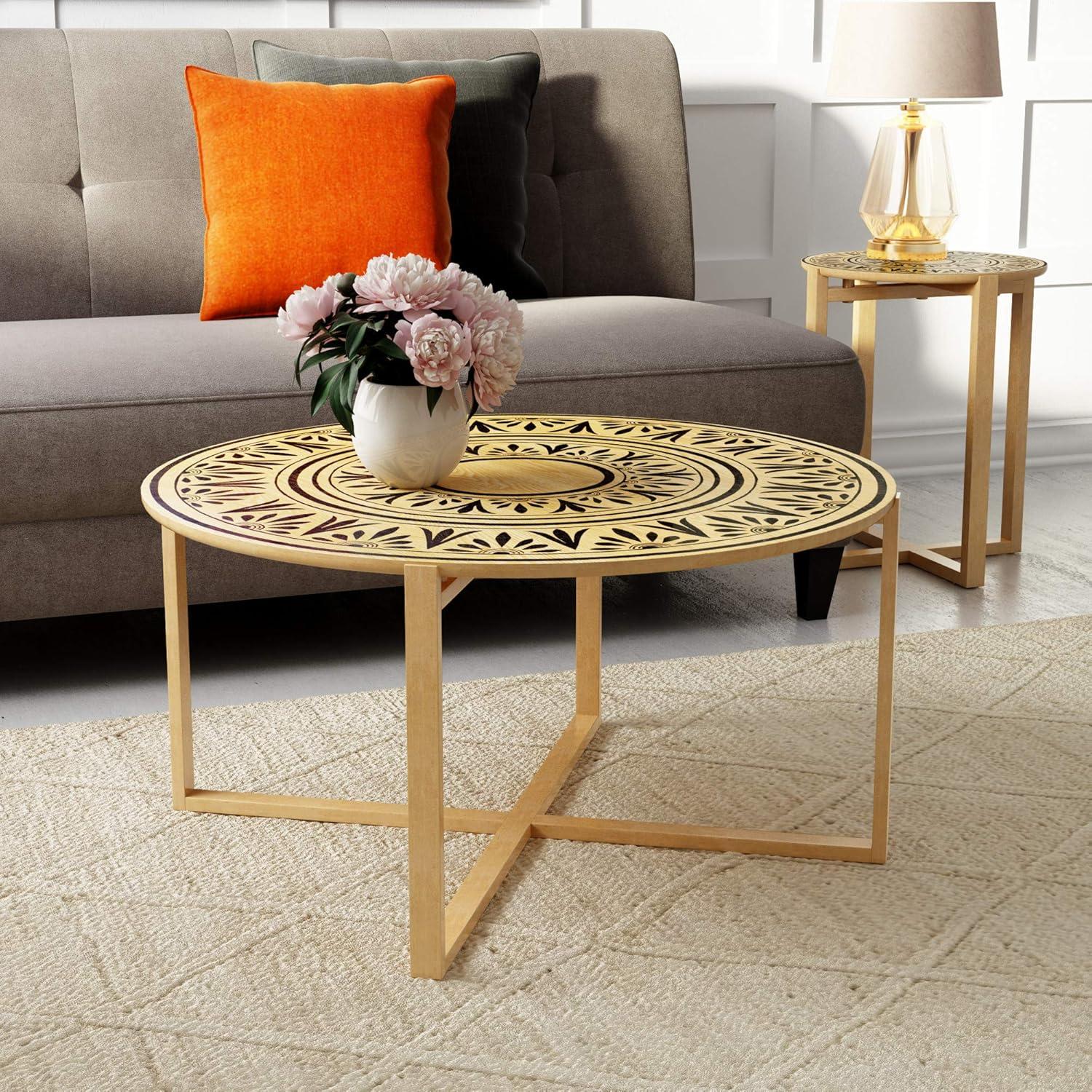 Natural Wood and Metal Round Coffee Table with Floral Design