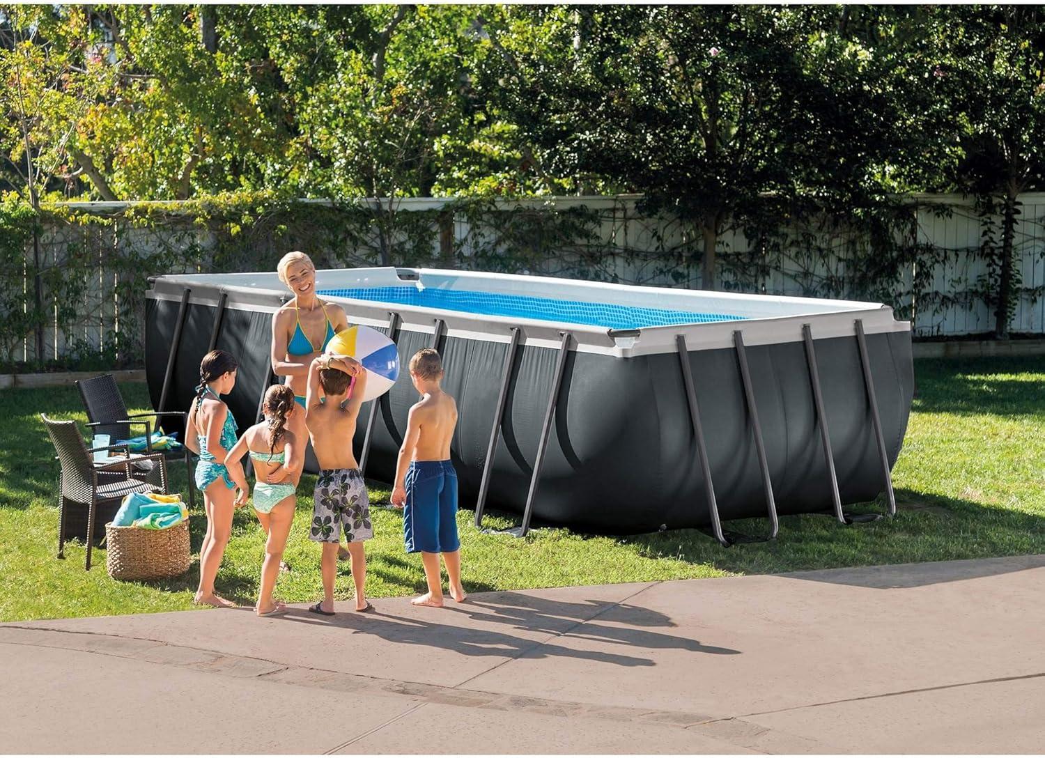 Intex 18ft Gray Rectangular Frame Pool Set with Filter and Pump