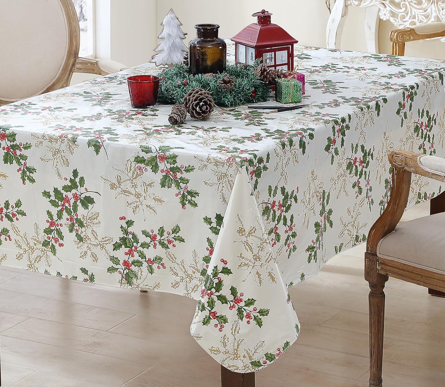 Golden Holly and Berry Vinyl Holiday Tablecloth, 52" Square