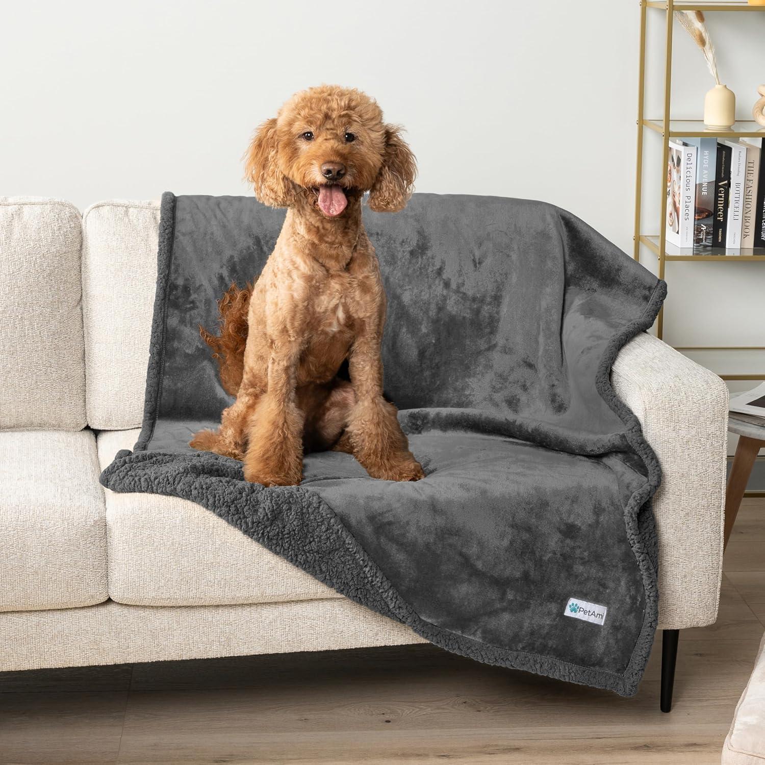 PetAmi Waterproof Dog Blanket for Bed Couch Sofa Cover, Reversible Faux Shearling Fleece Pet Throw