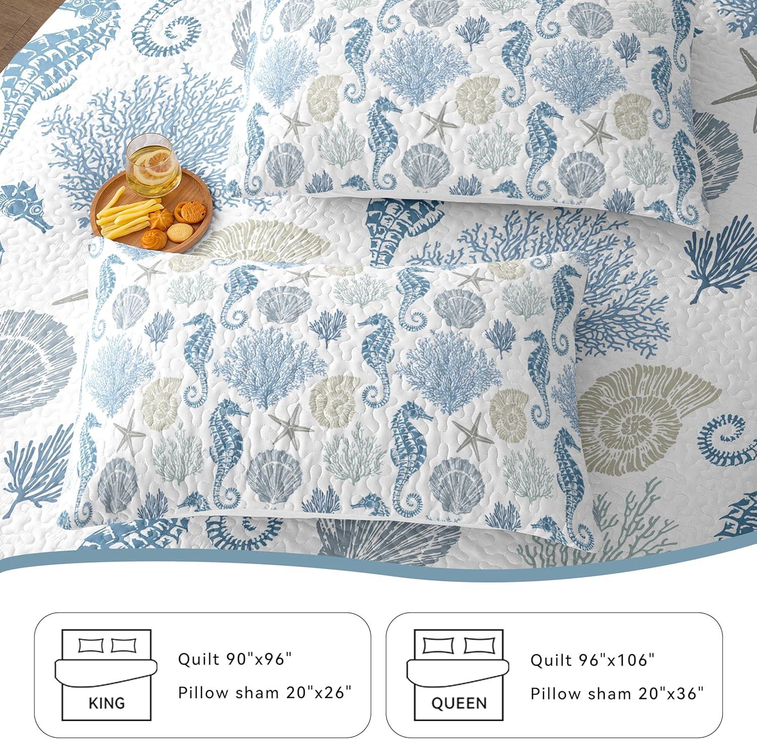 Coastal Quilt Set - Lightweight Soft Coastal Bedspread for Beach House Decor (Blue)