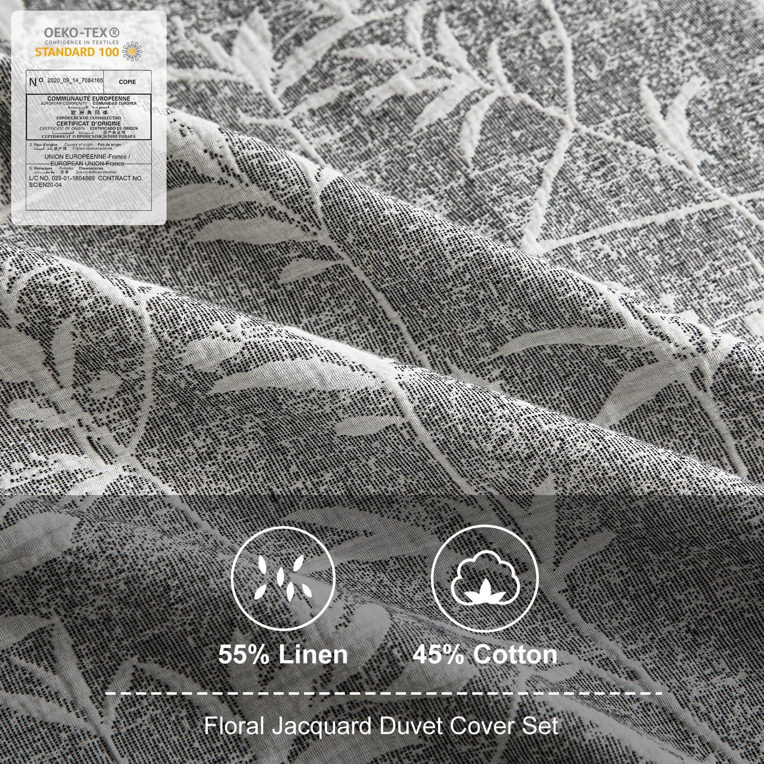 Ivellow Linen Cotton Blend Duvet Cover Set Queen - Jaquard Floral Textured Ultra Soft Breathable Grey Botanical Garden Flower Leaves Branch Bedding Set 3 Pcs