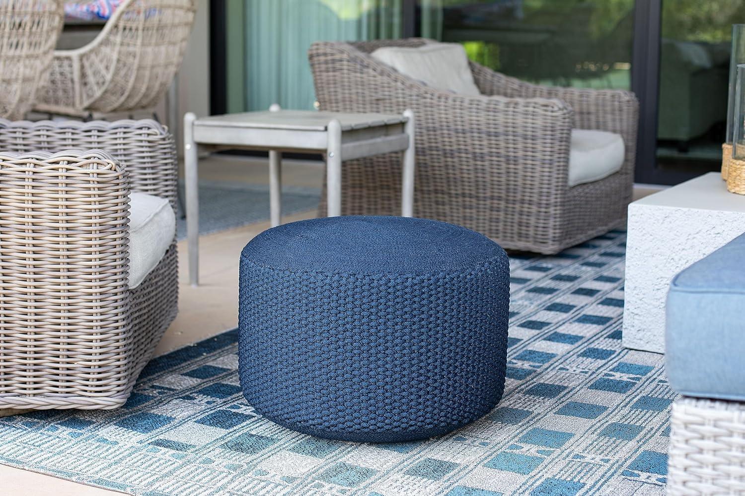 BIRDROCK HOME Outdoor Pouf Ottoman | Hand Woven Waterproof Foot Stool with Bead Bag Filling | Boho Foot Rest for Patio, Living Room, Porch & Outdoor Seating | Lightweight, Soft Stuffed Chair | Navy