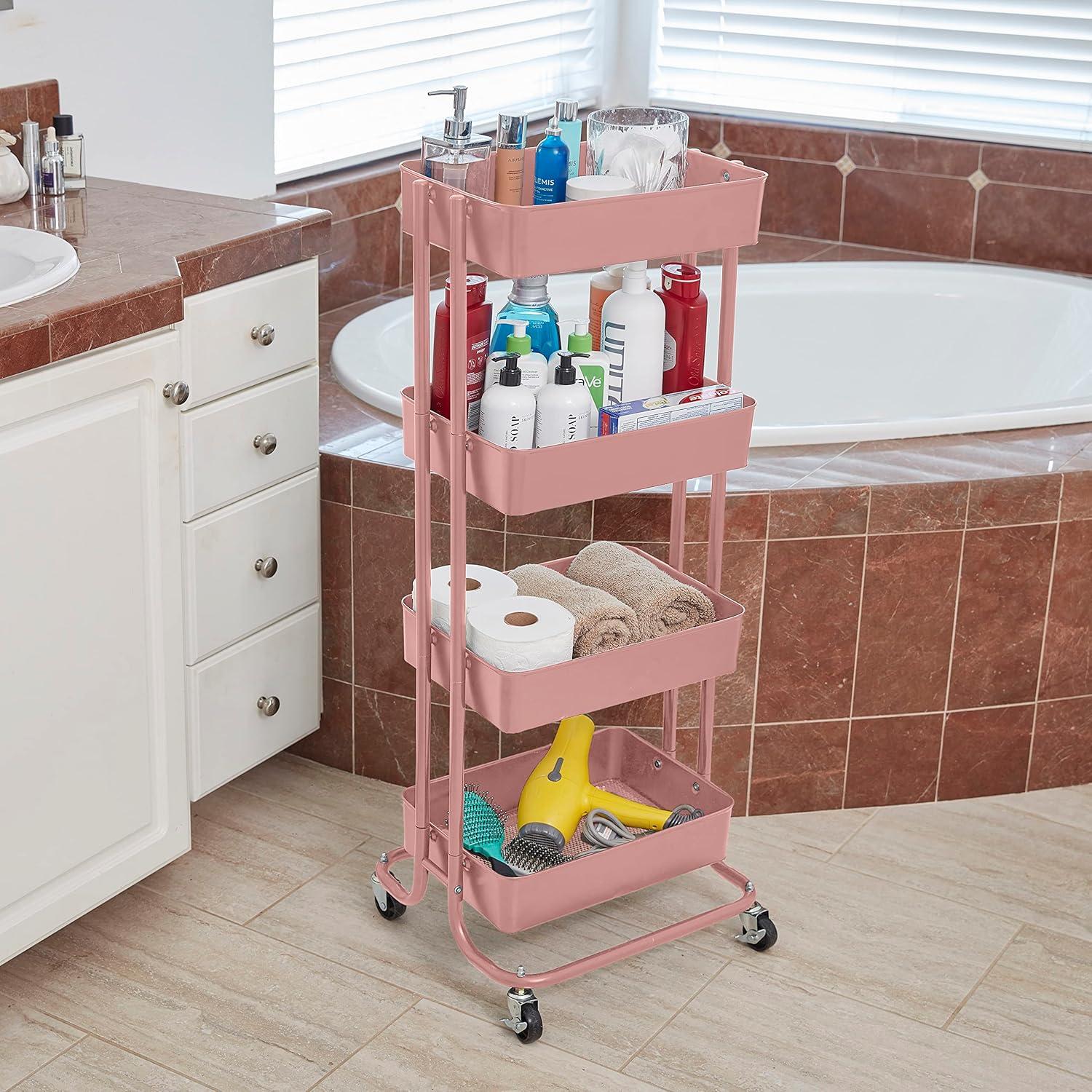 Blush Pink 4-Tier Metal Rolling Utility Cart