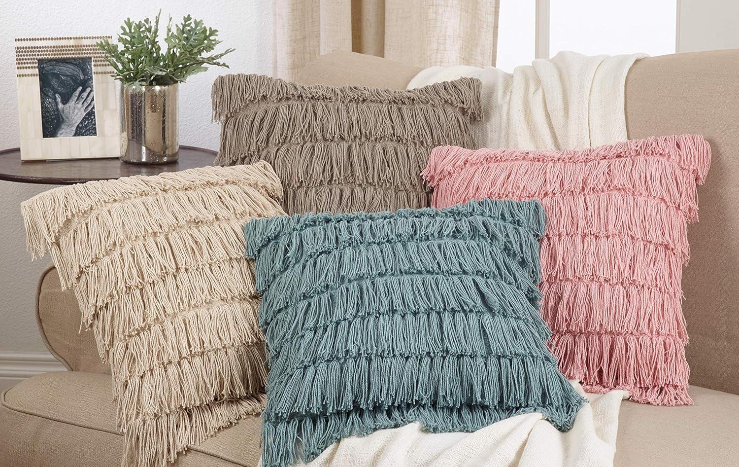 Fennco Styles Bohemian Woven Fringes Down Filled 18 x 18 Inch Cotton Throw Pillow with Case & Insert - Mint