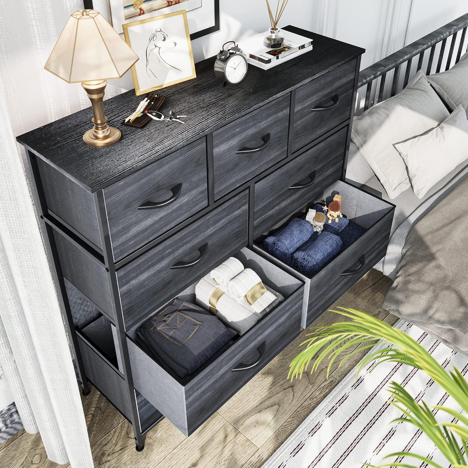 SYTHERS Dresser for Bedroom with 9 Drawers, Fabric Dresser Storage Organizer Unit with Fabric Bins, Fabric Dresser for Living Room, Closet, Hallway, Dark Gray