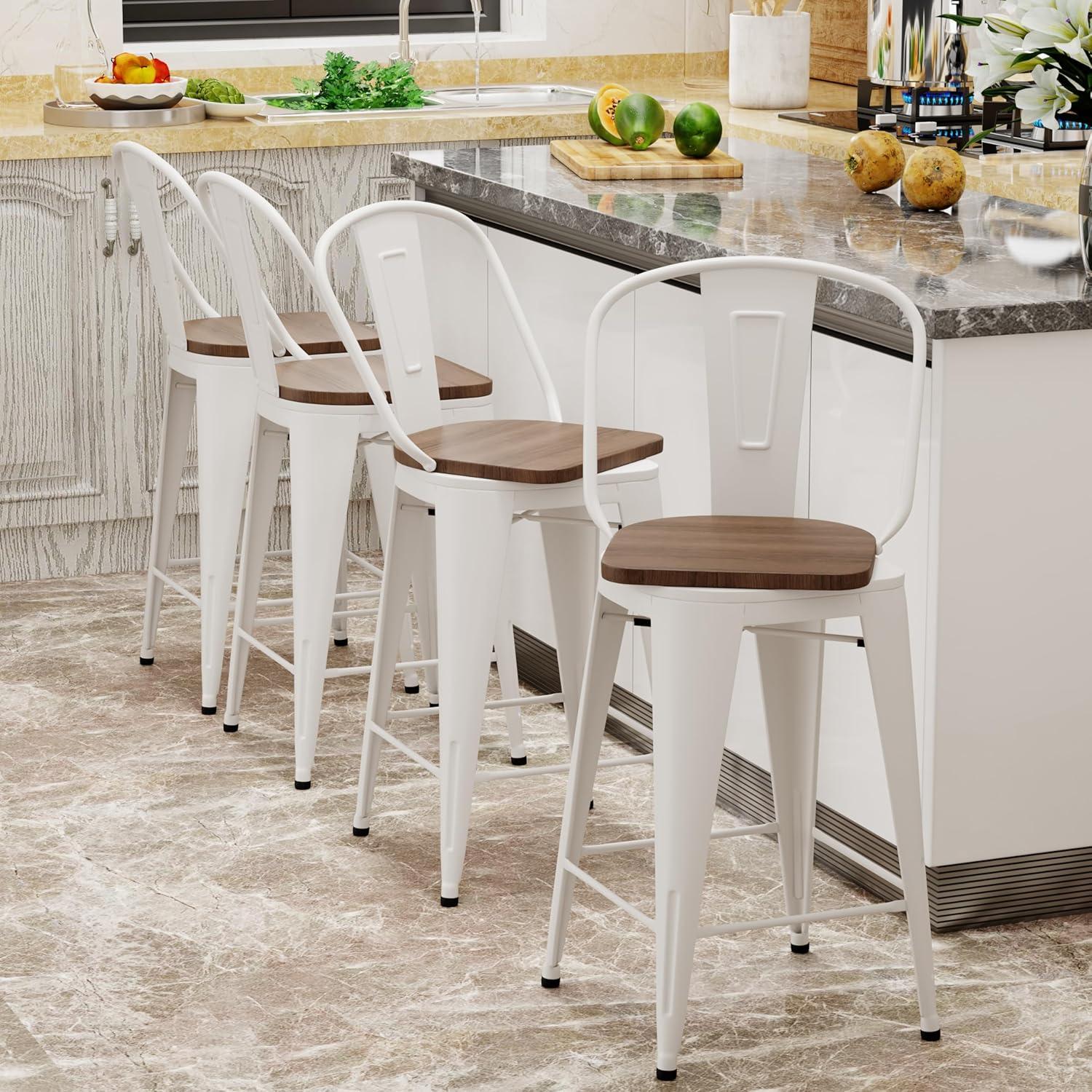 Bar Stools Set of 4 Metal Bar Stool Counter Height Bar Stools White, Modern Bar Chairs with Back and Wooden Platform 30" Bar Stools Counter Height