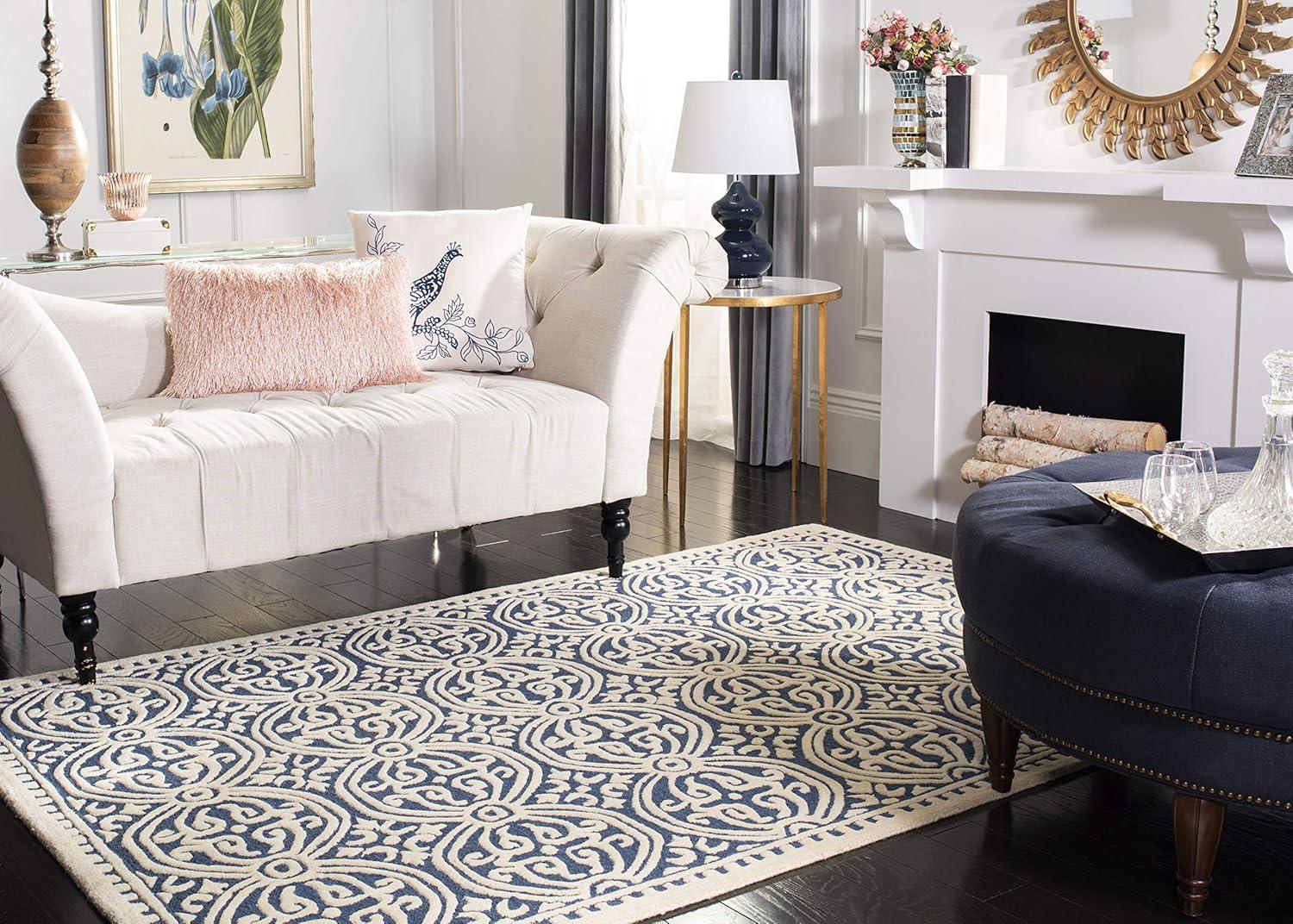 Ivory and Navy Blue Hand-Tufted Wool Square Area Rug