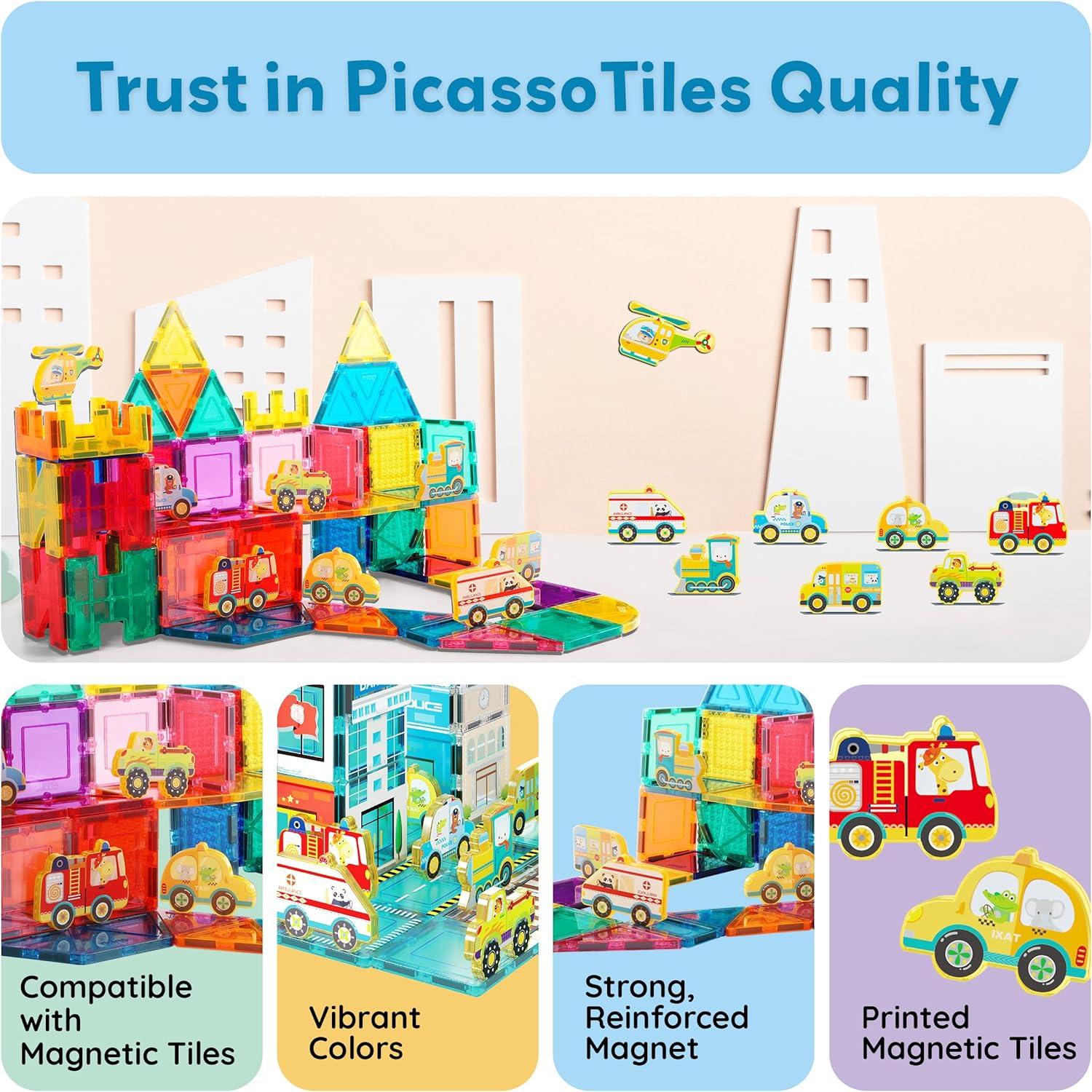 Picasso-TILES 8 PC Metro City Vehicle Themed, Magnetic Tiles, Building Blocks, STEM Toys for Kids 3+