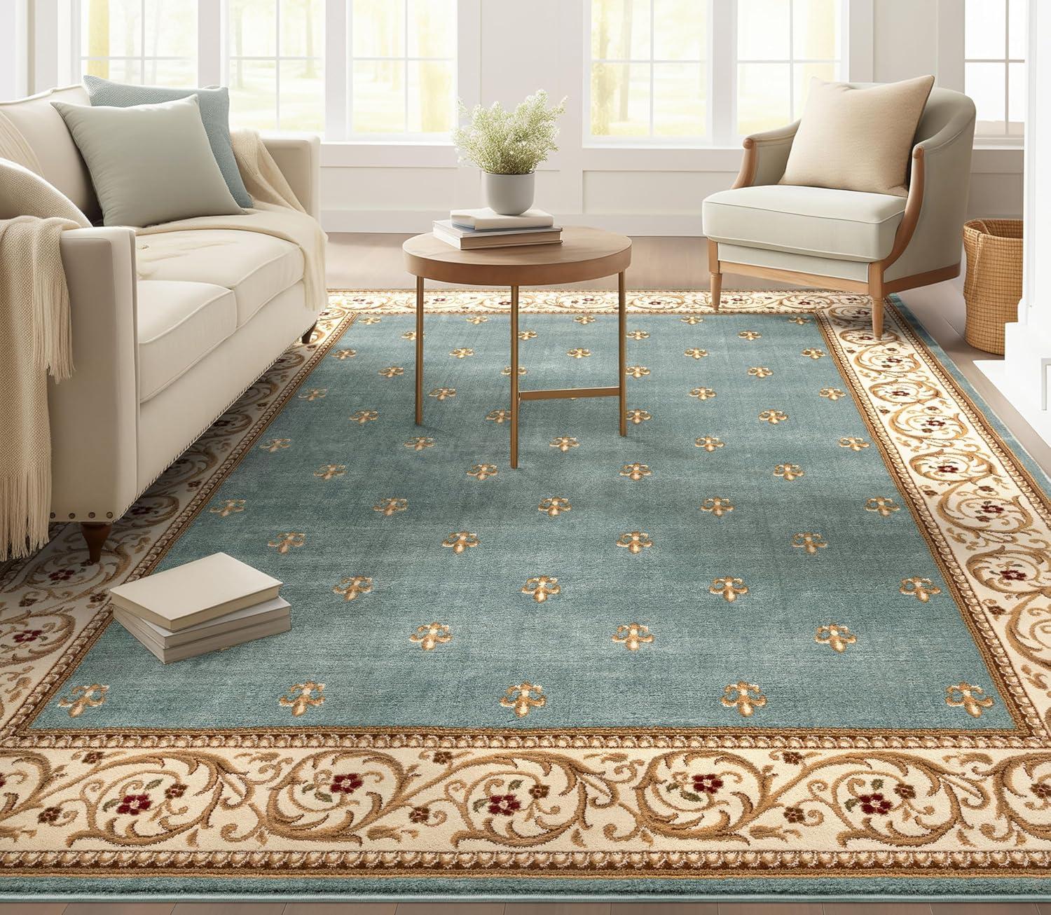Well Woven Barclay Collection Fleur de Lis Light Blue 7'10" x 9'10" Area Rug - for Living Room, Bedroom, and Dining Room