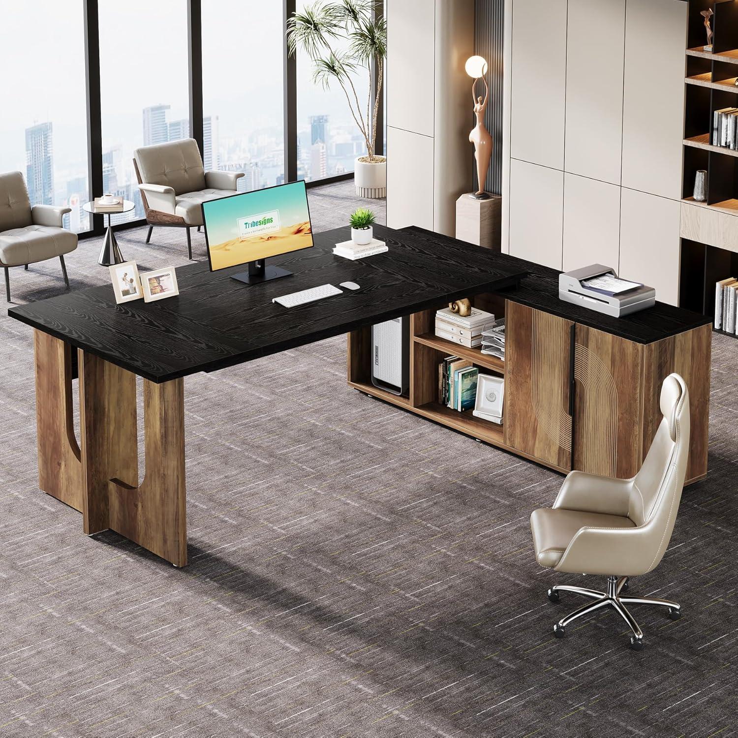 Tribesigns 74.8 Inch Executive Desk, Large Office Desk with Cabinet, L Shaped Computer Table with Shelves and CPU Storage, Modern Home Office Desks Business Furniture Workstation Set
