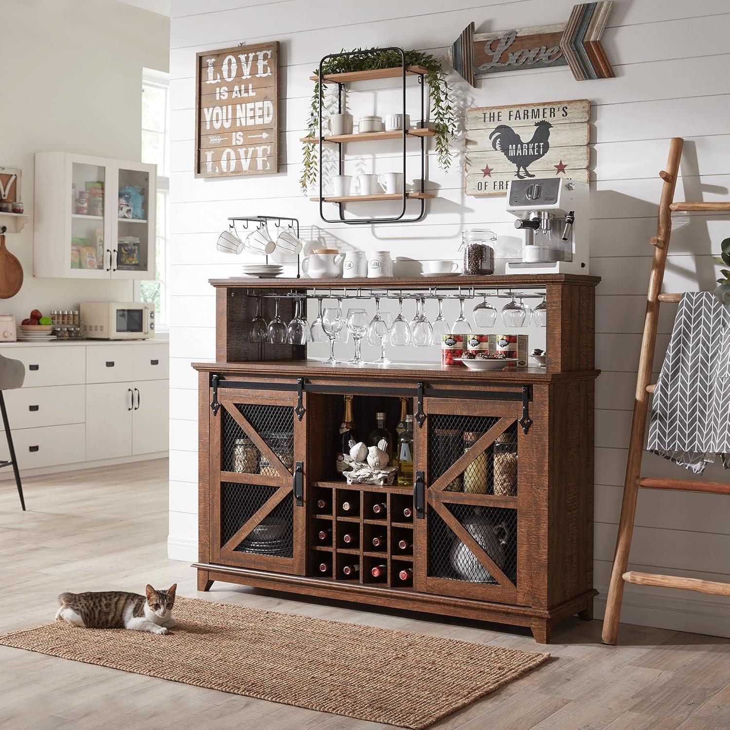 Rustic Brown 55" Farmhouse Coffee Bar Cabinet with LED Lights