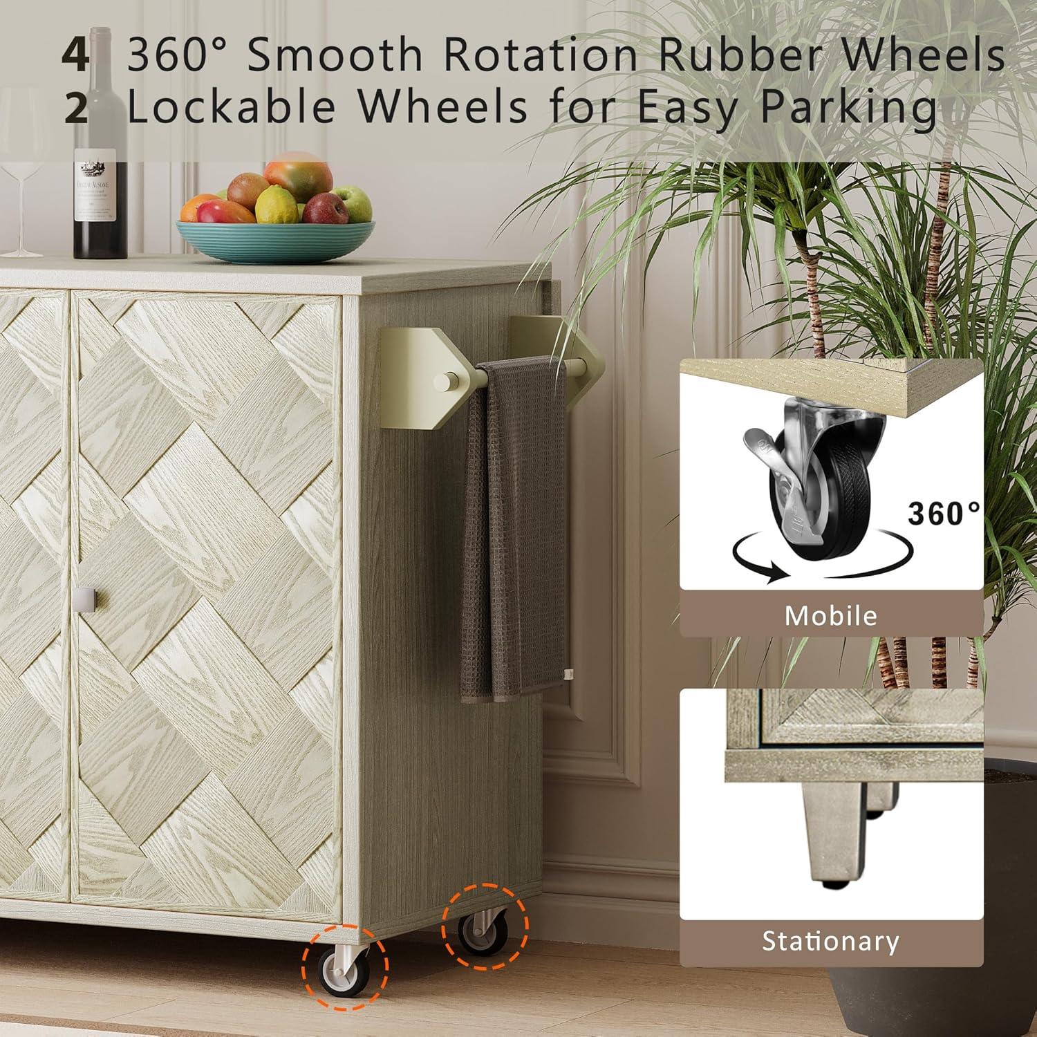 51.2" Ash Veneer Solid Wood Handwoven Kitchen Island with Drop Leaf,Coastal Dining Island on Wheels W/Internal Storage Rack,Rolling Dining Cart,Easy Assembly,for Kitchen,Dining Room,Champagne