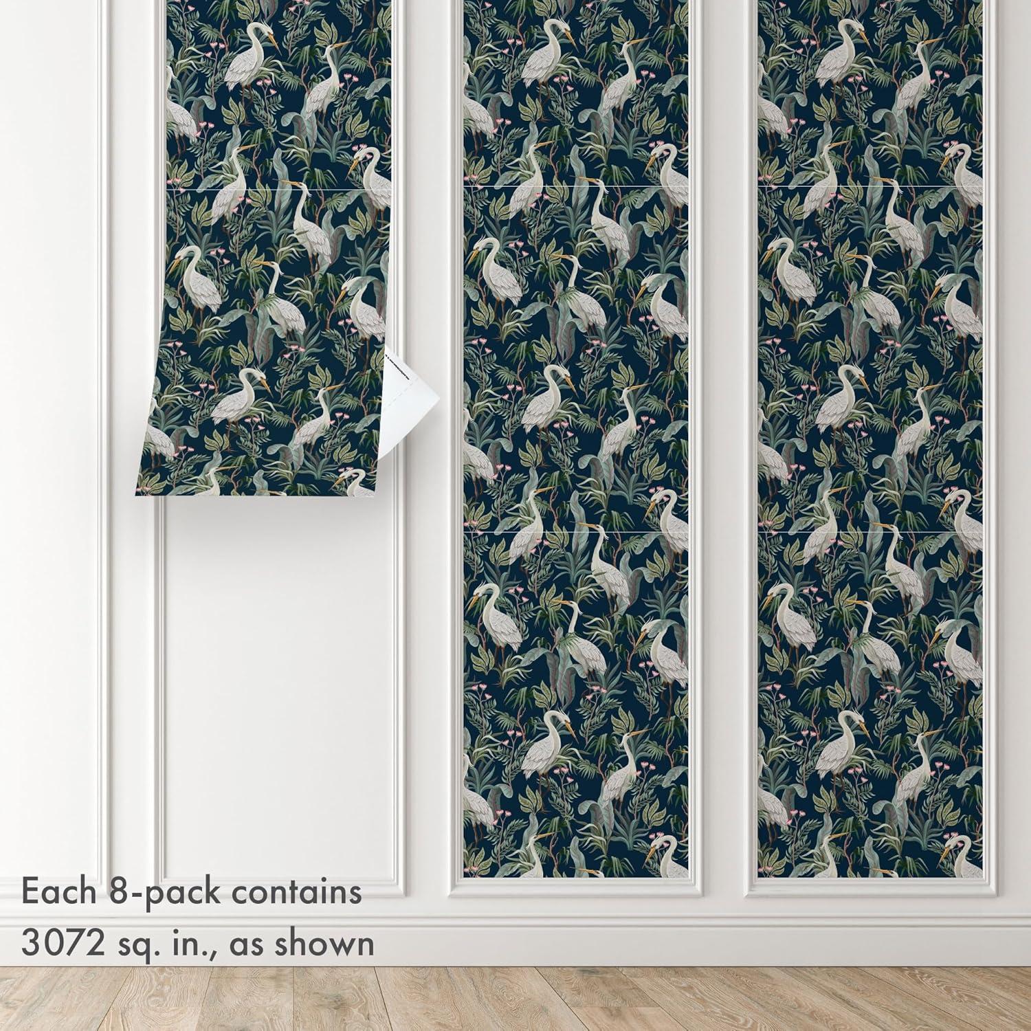 8-Pack 16" x 24" Wallpaper Panels. Blue Egrets Printed Peel and Stick Wallpaper Sheets. Renter-Friendly Wallpaper for Home, Apartments, and Furniture